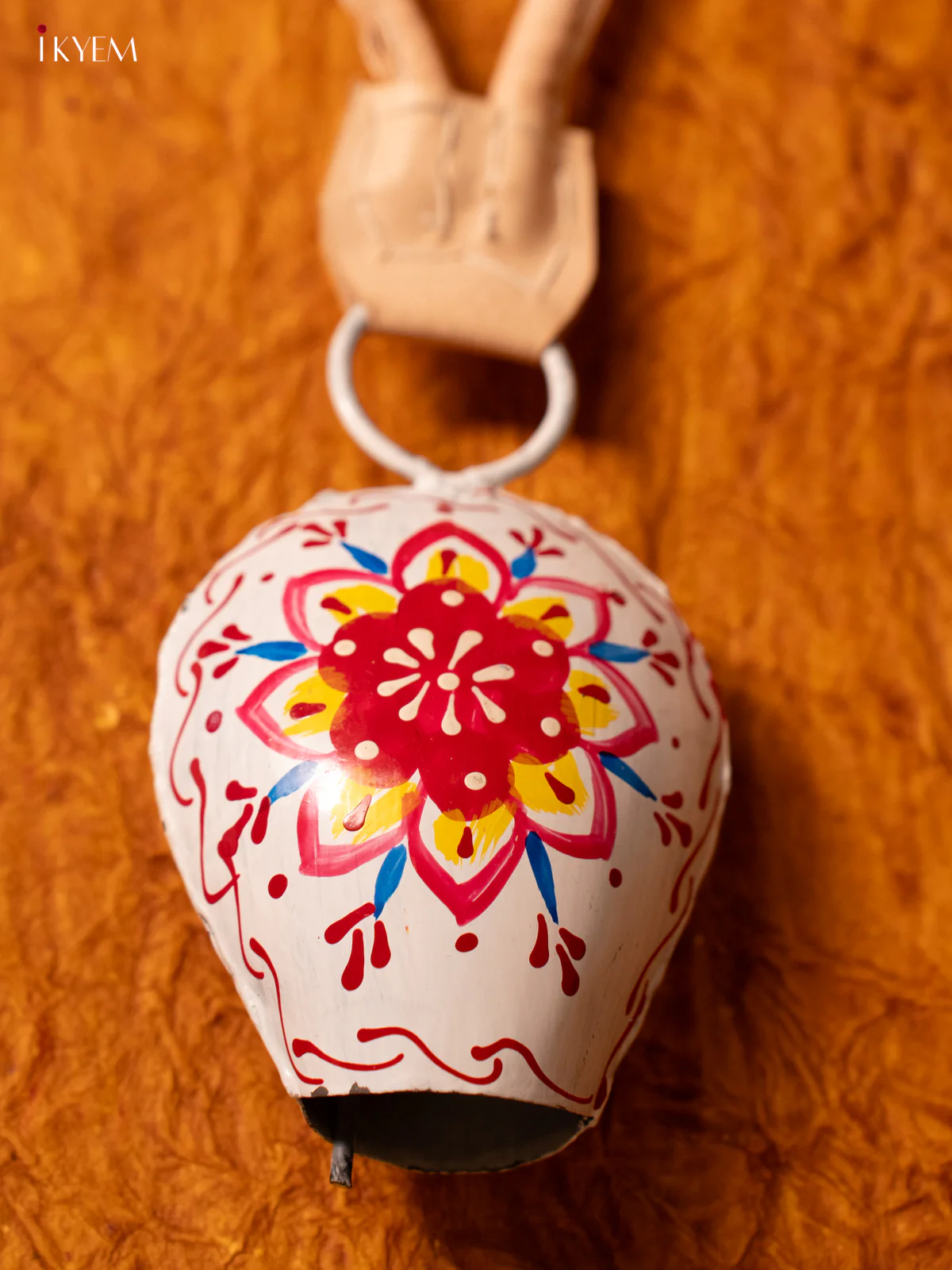Hand Painted Cow Bell with Leather Handle - Small - White with Red - KA11120 - Image 2