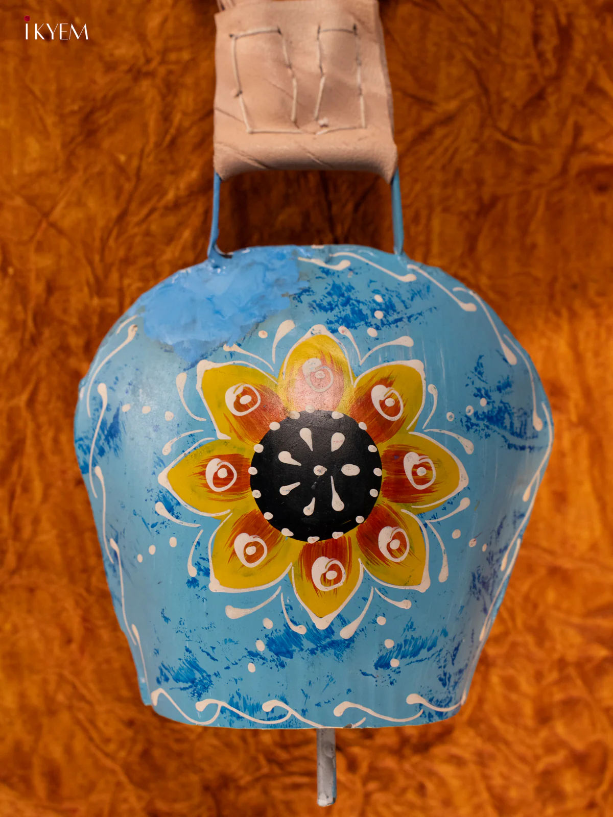 Hand Painted Cow Bell with Leather Handle - Medium - Sky Blue - KA11133 - Image 2