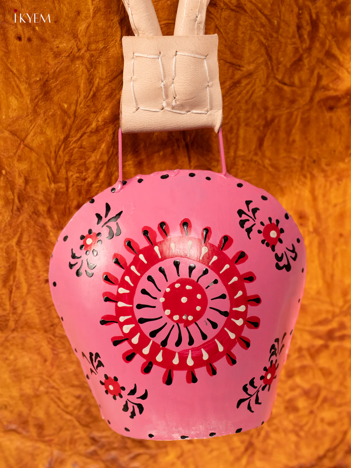 Hand Painted Cow Bell with Leather Handle - Medium - Pink with Red - KA11134 - Image 2
