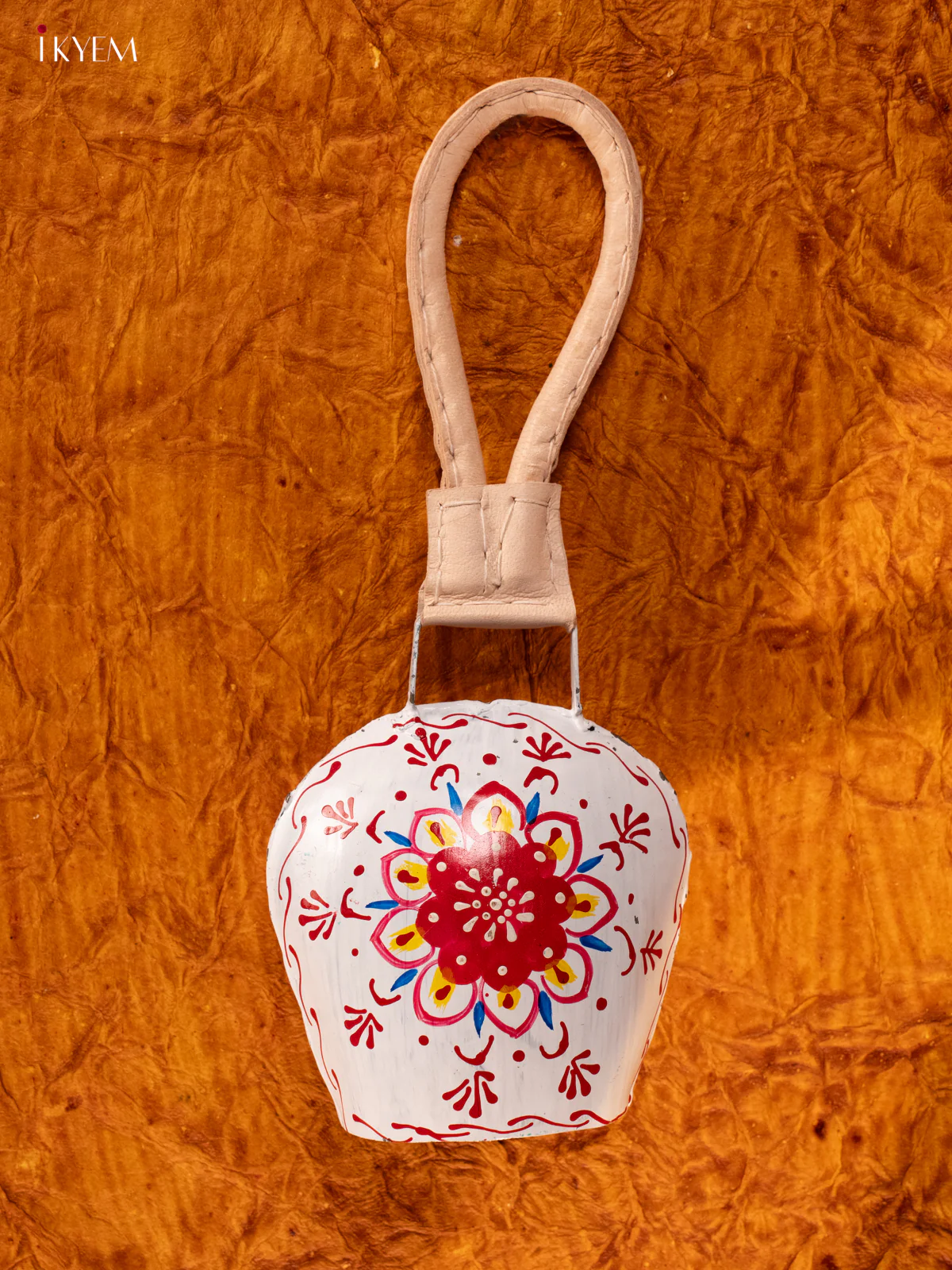 Hand Painted Cow Bell with Leather Handle - Medium - White with Red - KA11137
