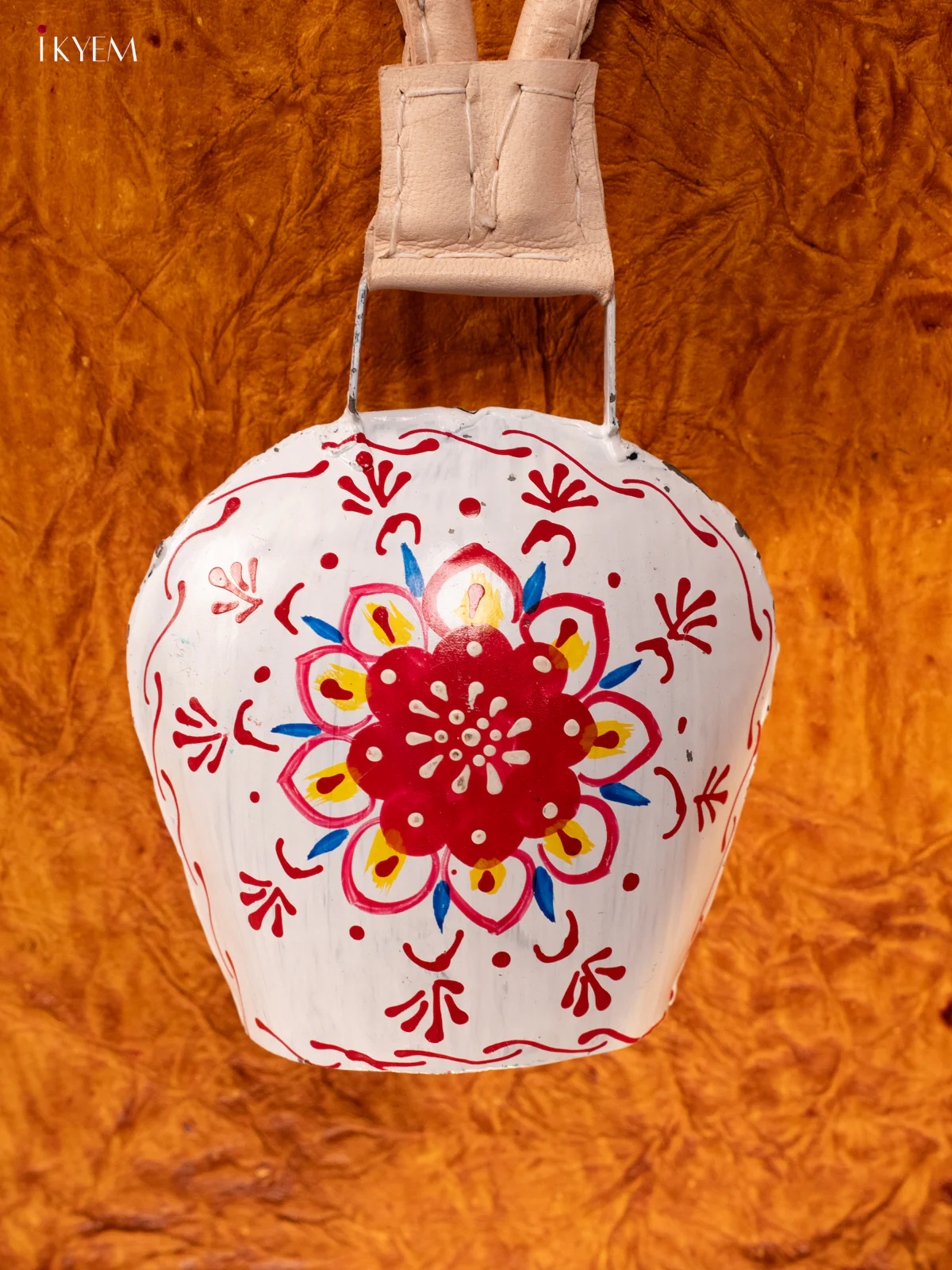Hand Painted Cow Bell with Leather Handle - Medium - White with Red - KA11137 - Image 2