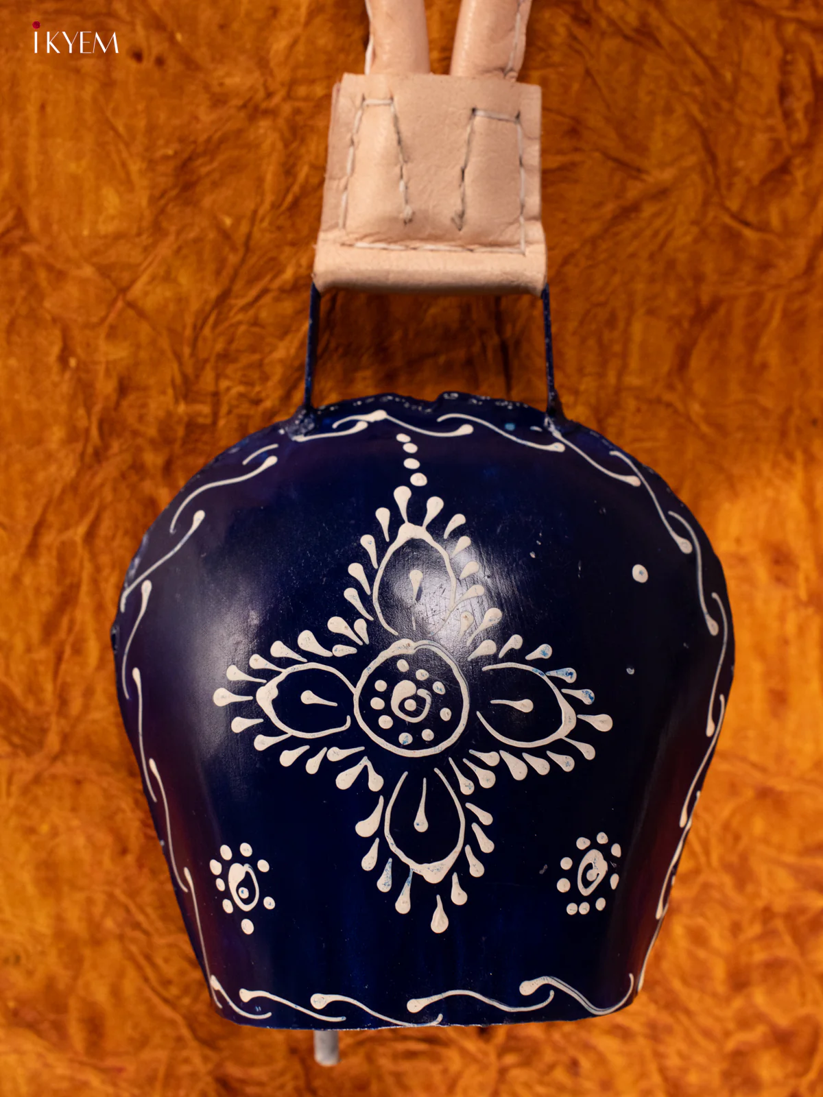 Hand Painted Cow Bell with Leather Handle - Medium - Dark Blue - KA11139 - Image 2