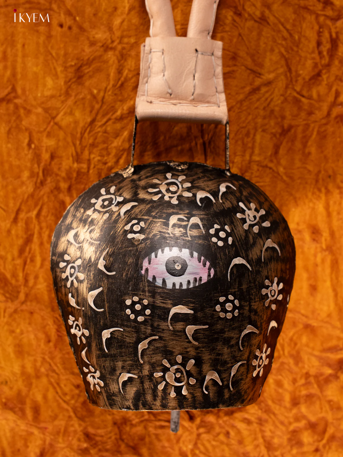 Hand Painted Cow Bell with Leather Handle - Medium - Black with Gold - KA11141 - Image 2