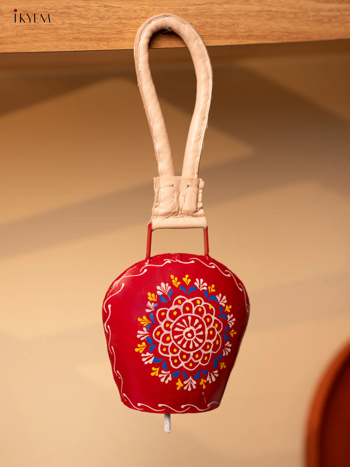 Hand Painted Cow Bell with Leather Handle - Medium - Red with White - KA11142