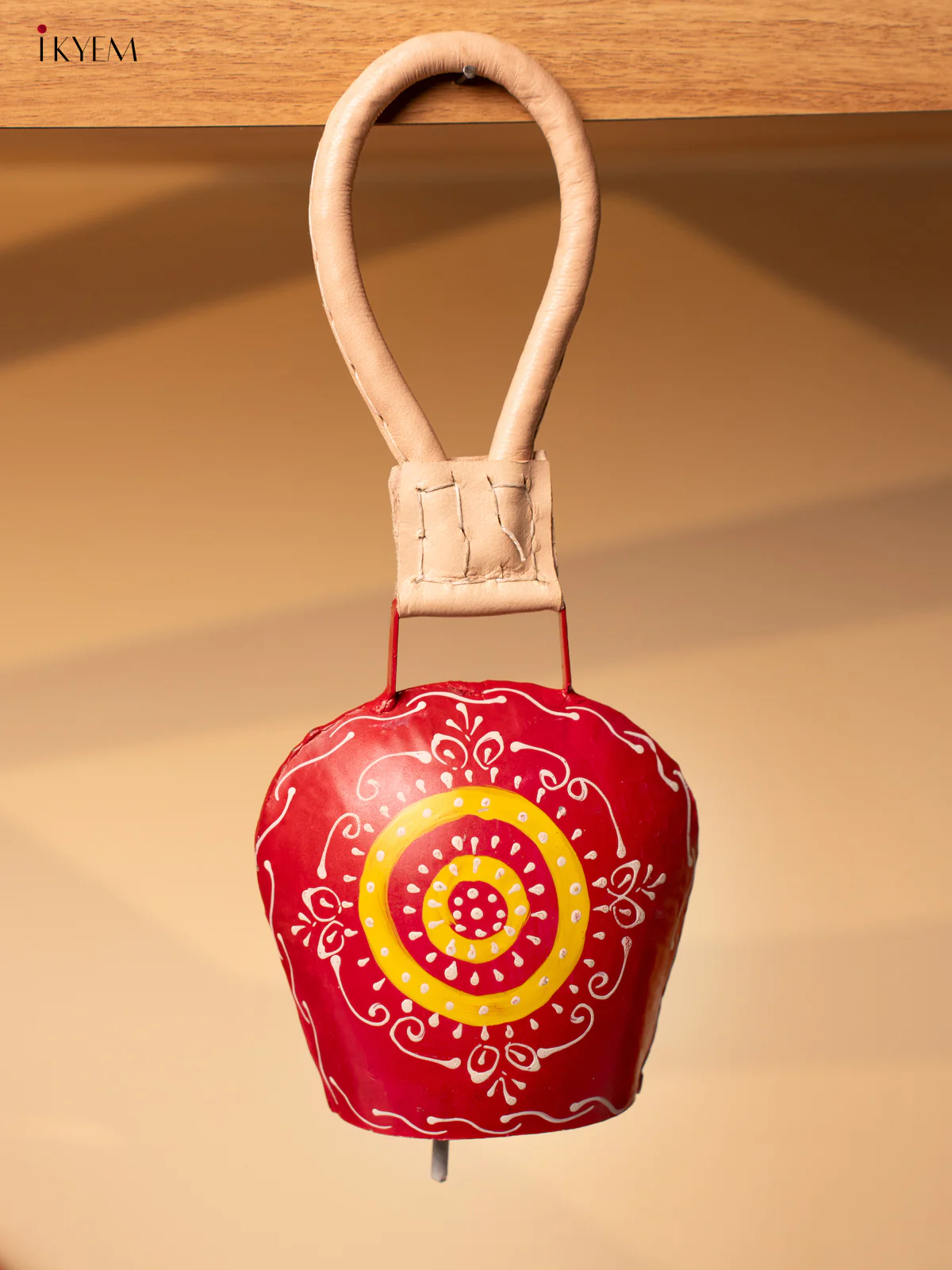 Hand Painted Cow Bell with Leather Handle - Medium - Red with Yellow - KA11143