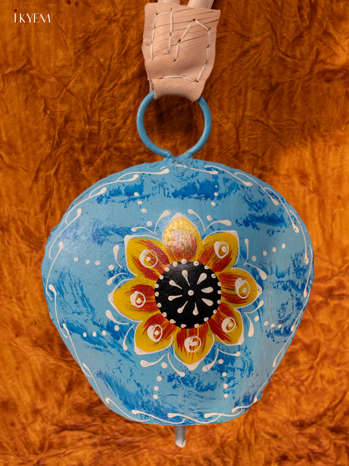 Hand Painted Cow Bell with Leather Handle - Big - Sky Blue - KA11146 - Image 2