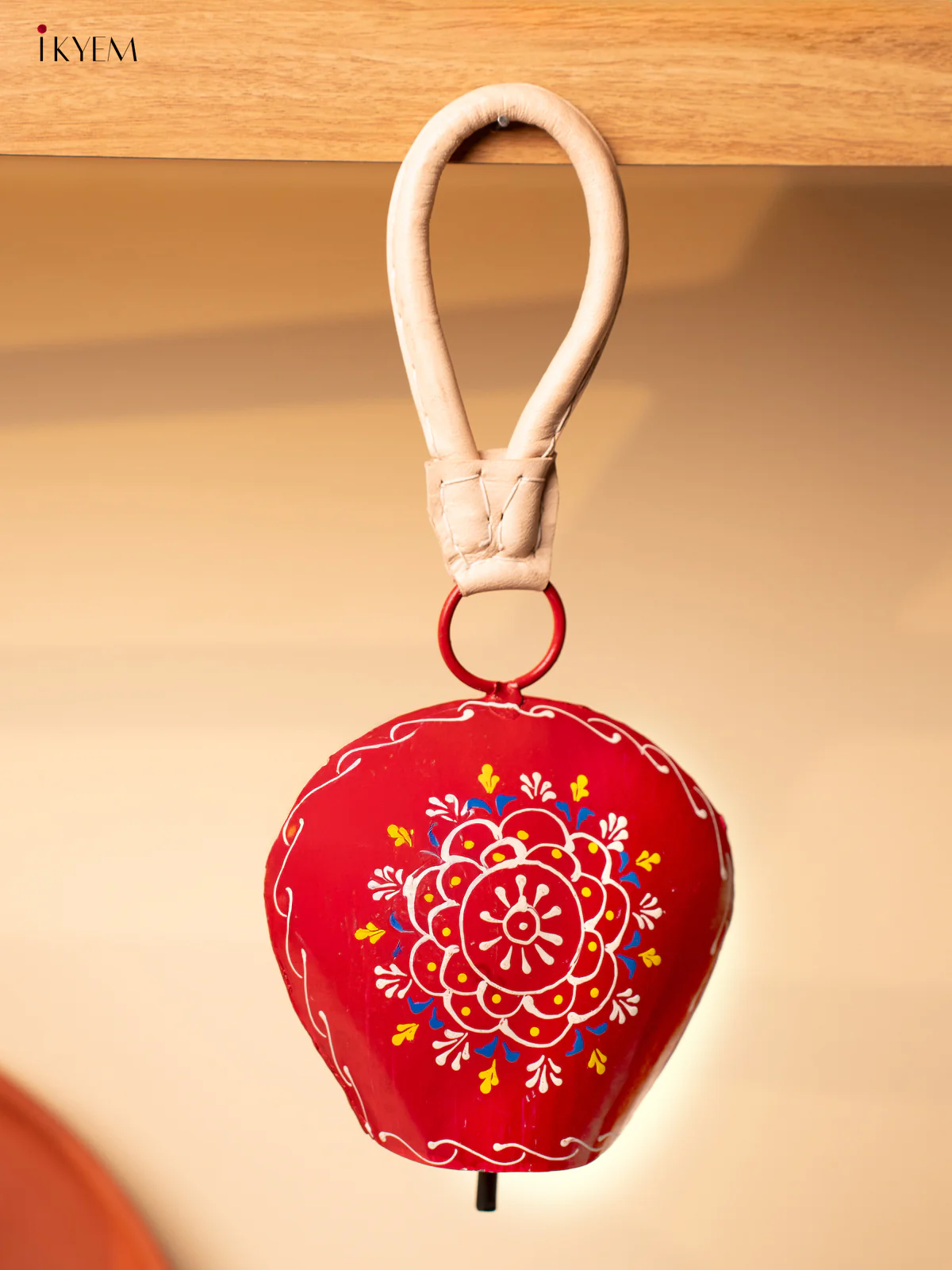 Hand Painted Cow Bell with Leather Handle - Big - Red with White - KA11156