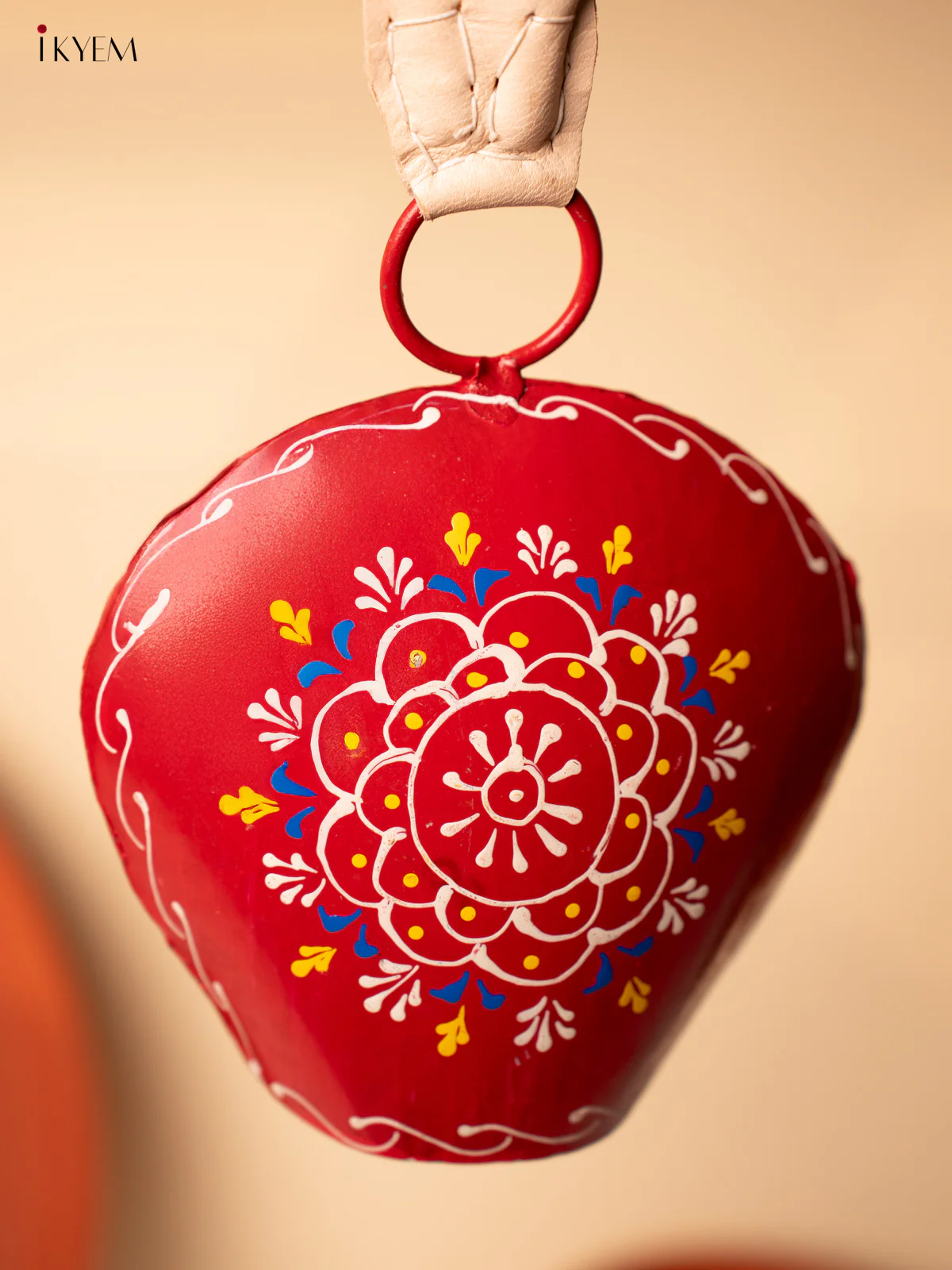 Hand Painted Cow Bell with Leather Handle - Big - Red with White - KA11156 - Image 2
