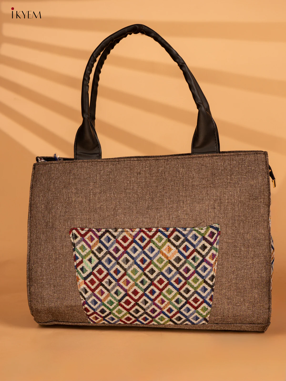 Jacquard Handbag with Leather Sling - Mud Brown - KA18141