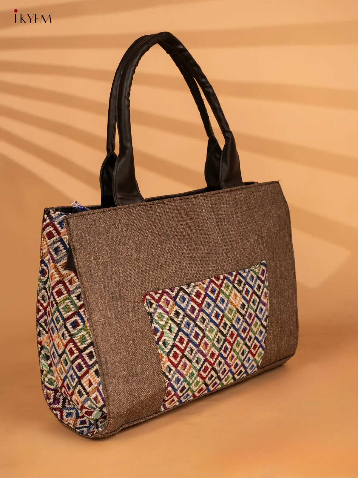 Jacquard Handbag with Leather Sling - Mud Brown - KA18141 - Image 2