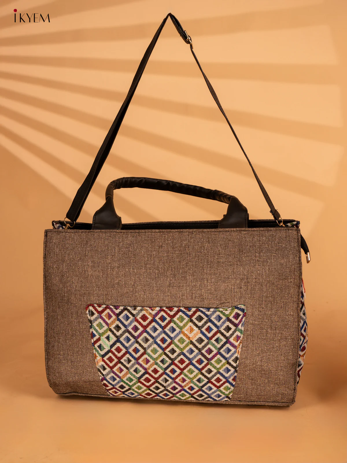 Jacquard Handbag with Leather Sling - Mud Brown - KA18141 - Image 5