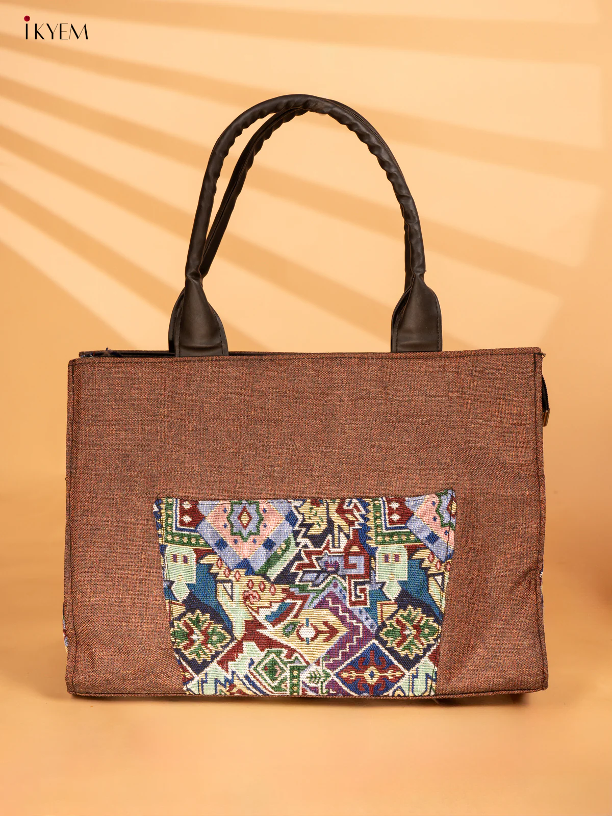 Jacquard Handbag with Leather Sling - Brown - KA18143 - Image 2