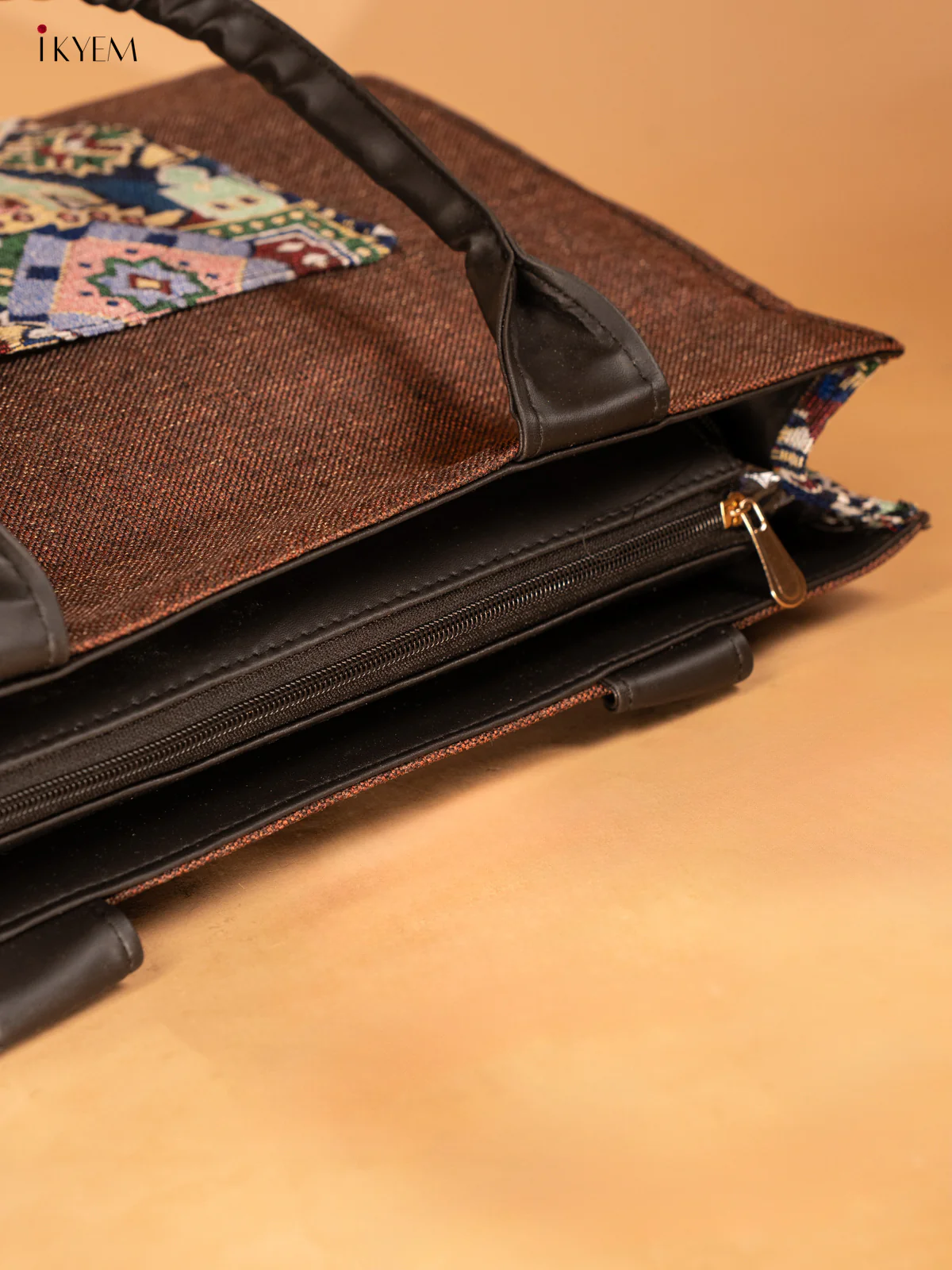 Jacquard Handbag with Leather Sling - Brown - KA18143 - Image 5