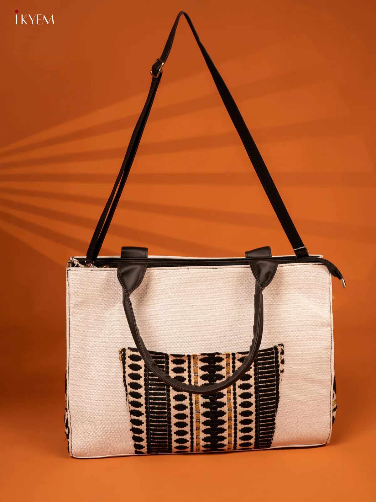 Jacquard Handbag with Leather Sling - White - KA18144 - Image 6