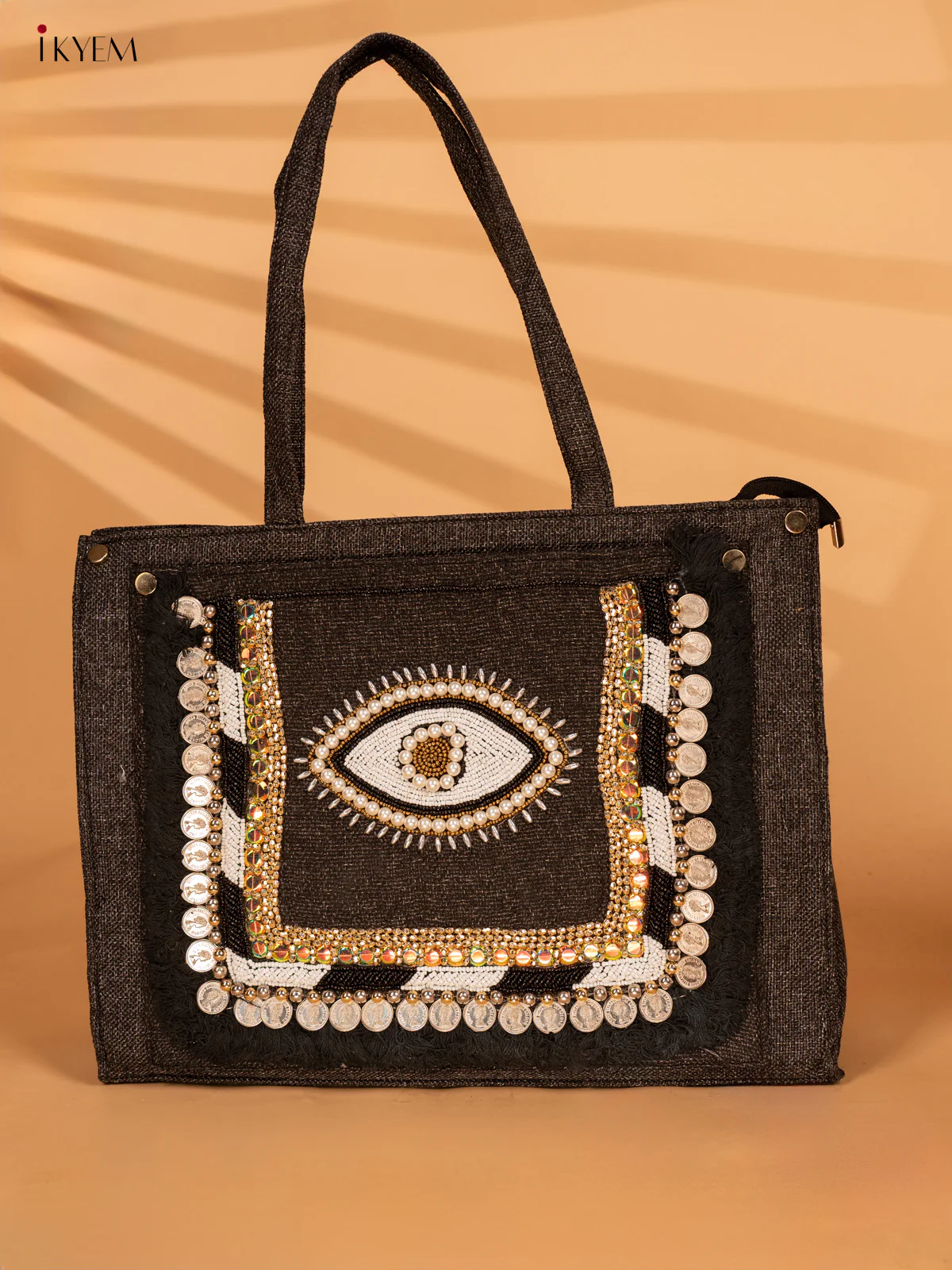 Embellished Jute Handbag - Black Eye - KA18151 - Image 2