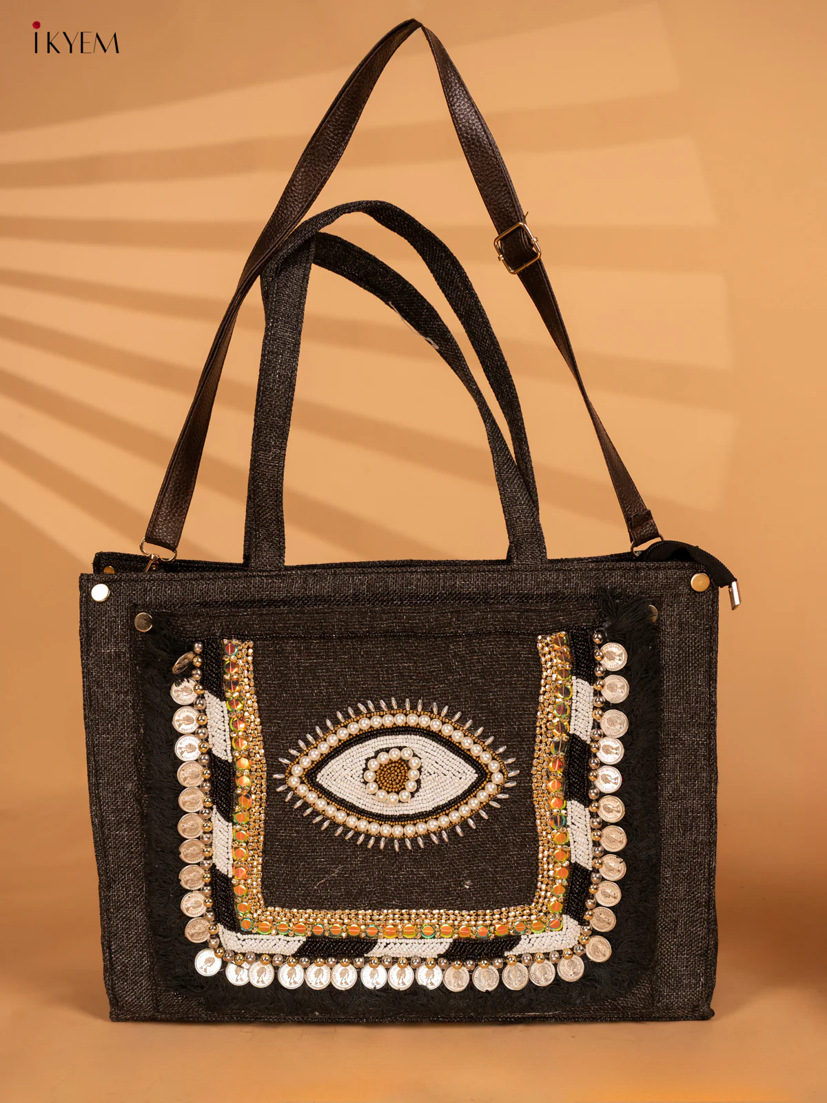 Embellished Jute Handbag - Black Eye - KA18151 - Image 6