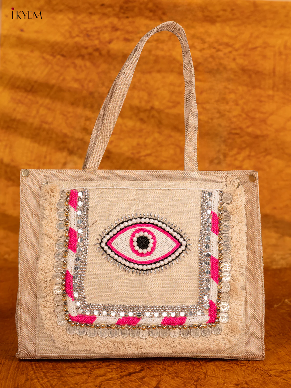 Embellished Jute Handbag - Pink Eye - KA18152 - Image 2