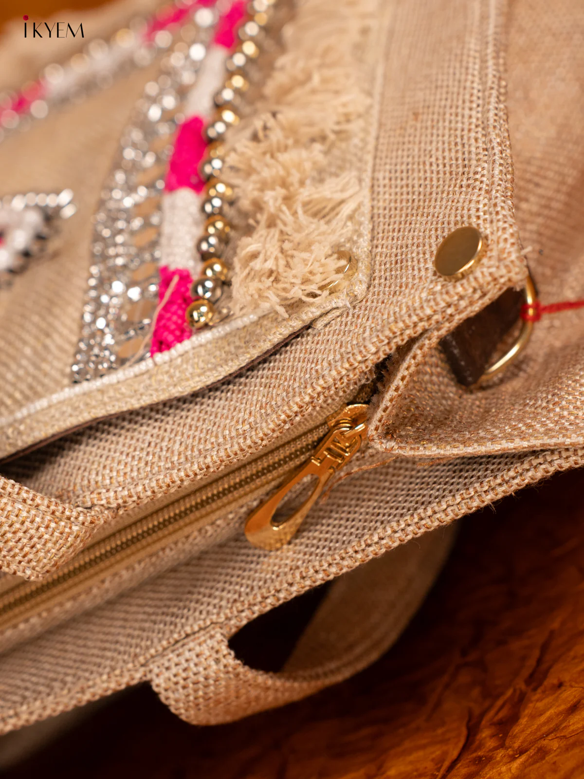 Embellished Jute Handbag - Pink Eye - KA18152 - Image 4