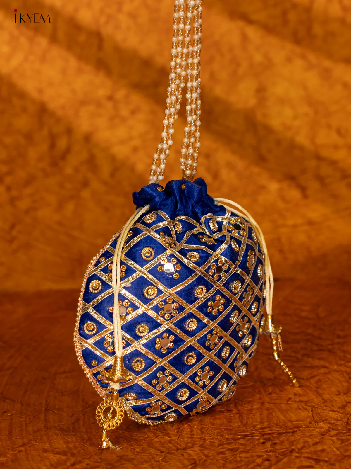 Designer Potli Bag with Mirror Work - Blue - KA18158 - Image 4