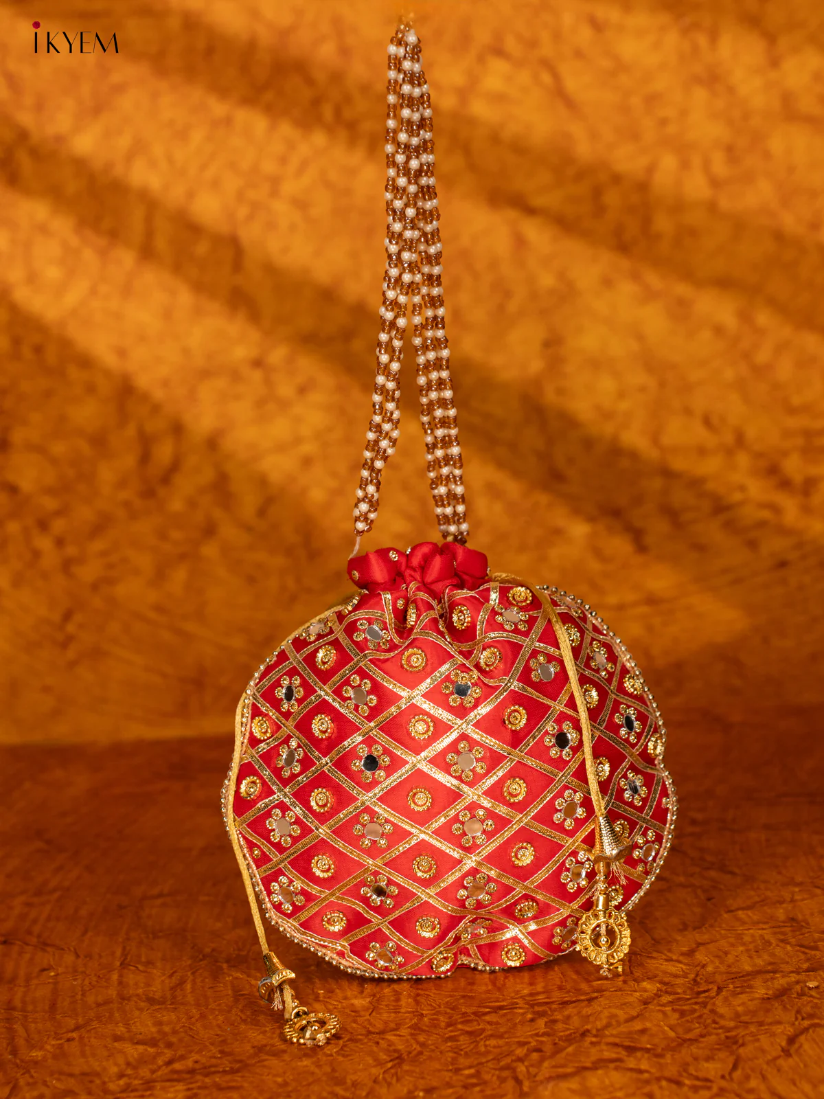 Designer Potli Bag with Mirror Work - Red - KA18159 - Image 2