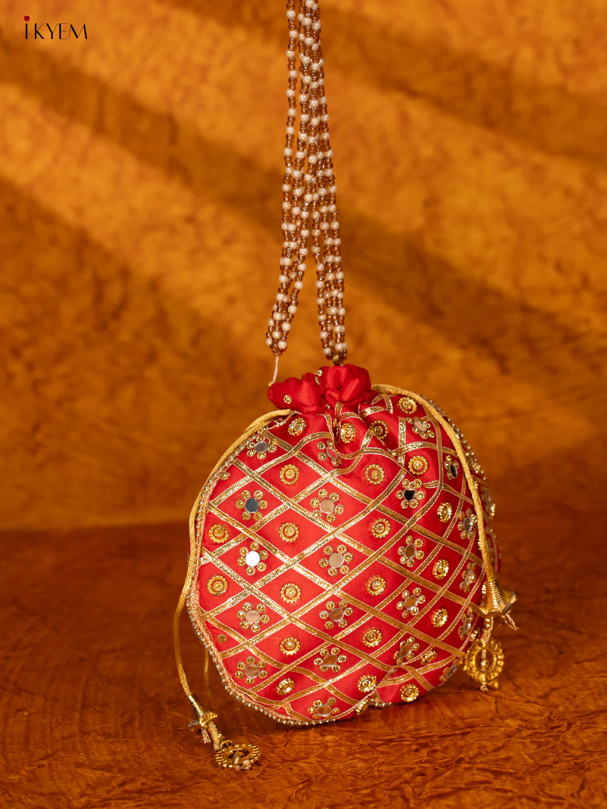 Designer Potli Bag with Mirror Work - Red - KA18159 - Image 3