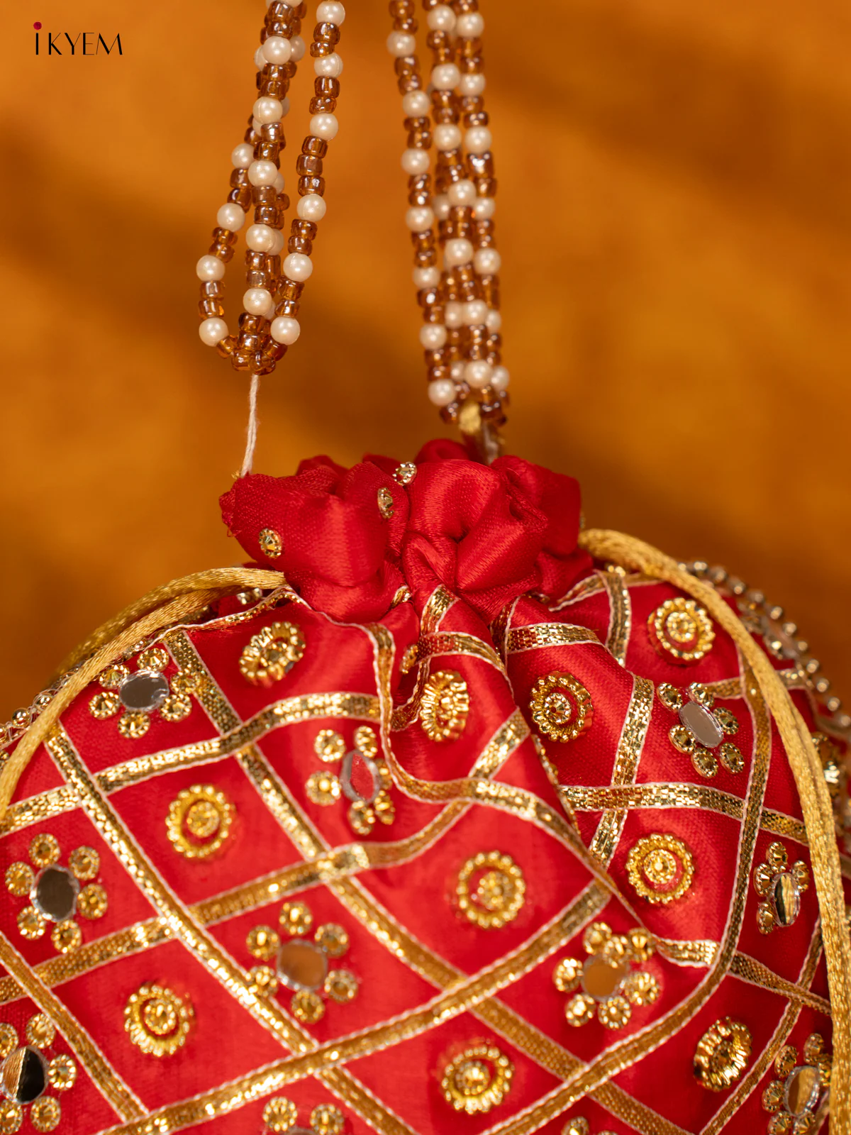 Designer Potli Bag with Mirror Work - Red - KA18159 - Image 4