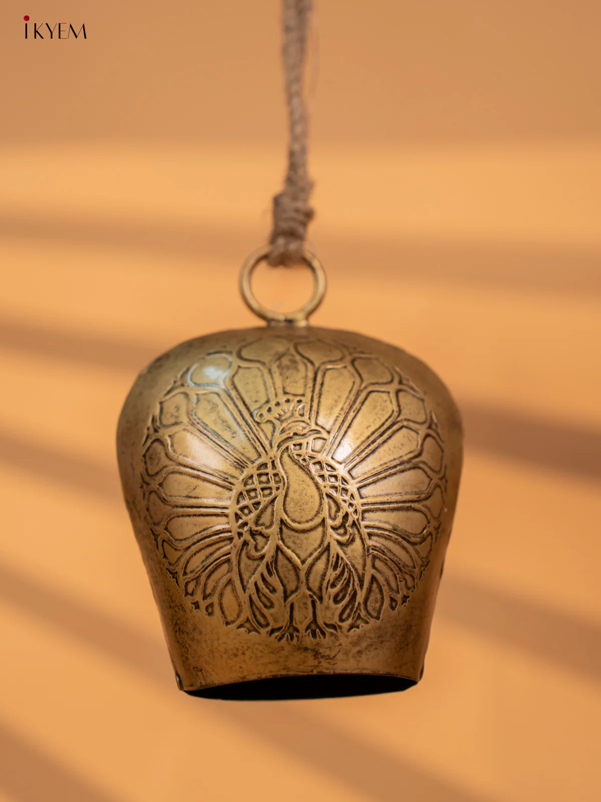 Metal Cow Bell with Peacock Engraving & Rope Handle - Small - KA21118 - Image 3