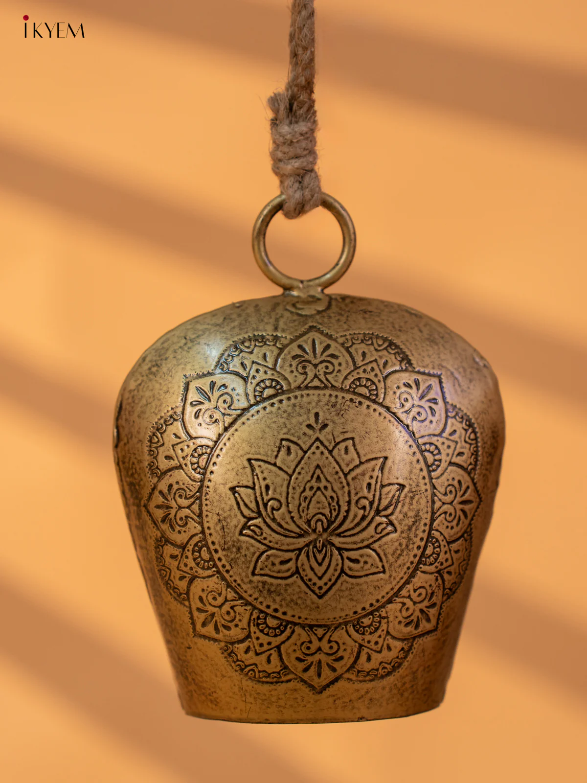 Metal Cow Bell with Lotus Engraving & Rope Handle- Small - KA21119 - Image 2