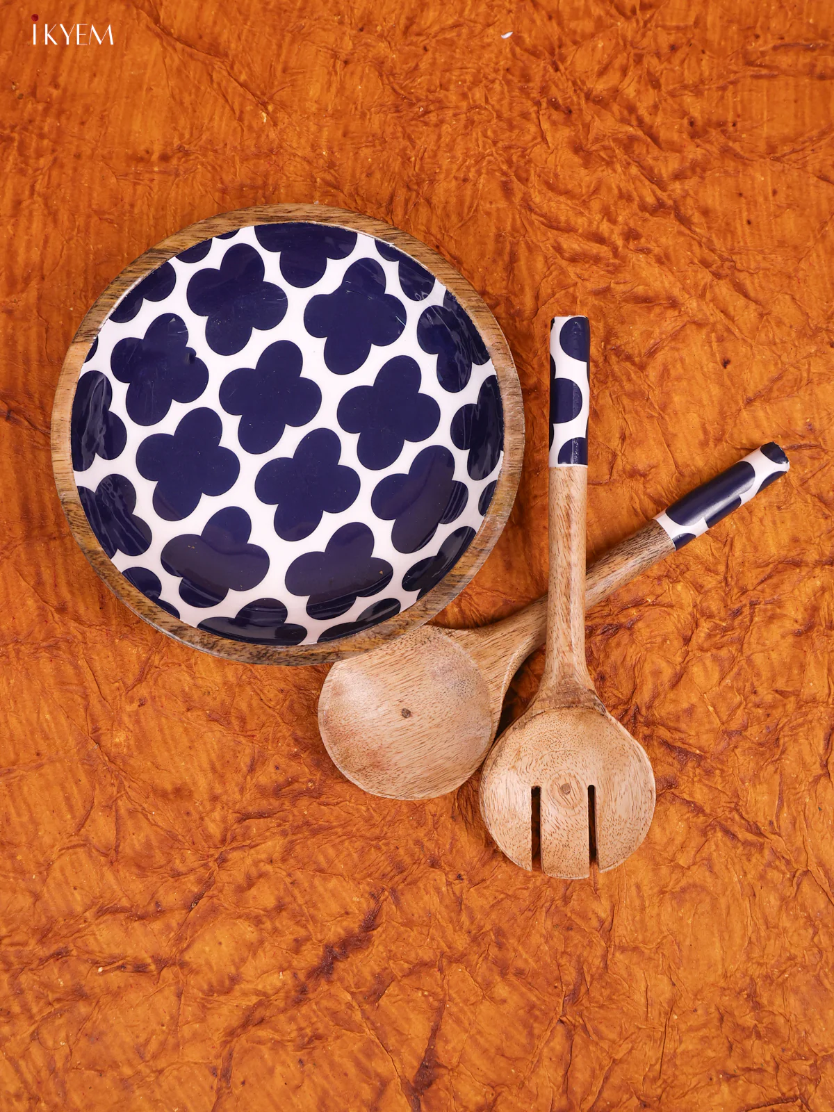 Wooden crockery Mango Small Bowl Fork With Spoon Set - White with Blue - KA22112 - Image 2