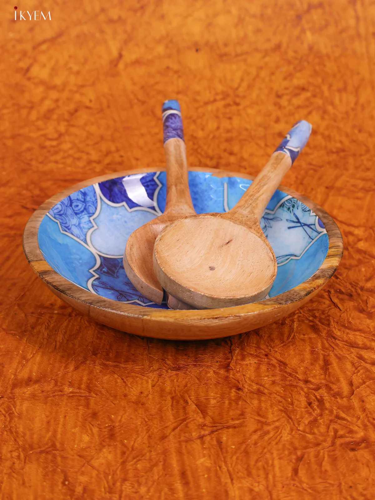Wooden crockery Mango Bowl Small Fork With Spoon Set - Light Blue - KA22114
