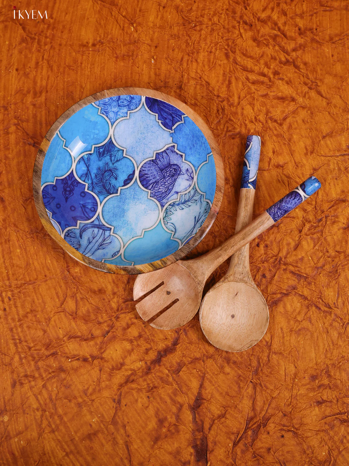 Wooden crockery Mango Bowl Small Fork With Spoon Set - Light Blue - KA22114 - Image 2