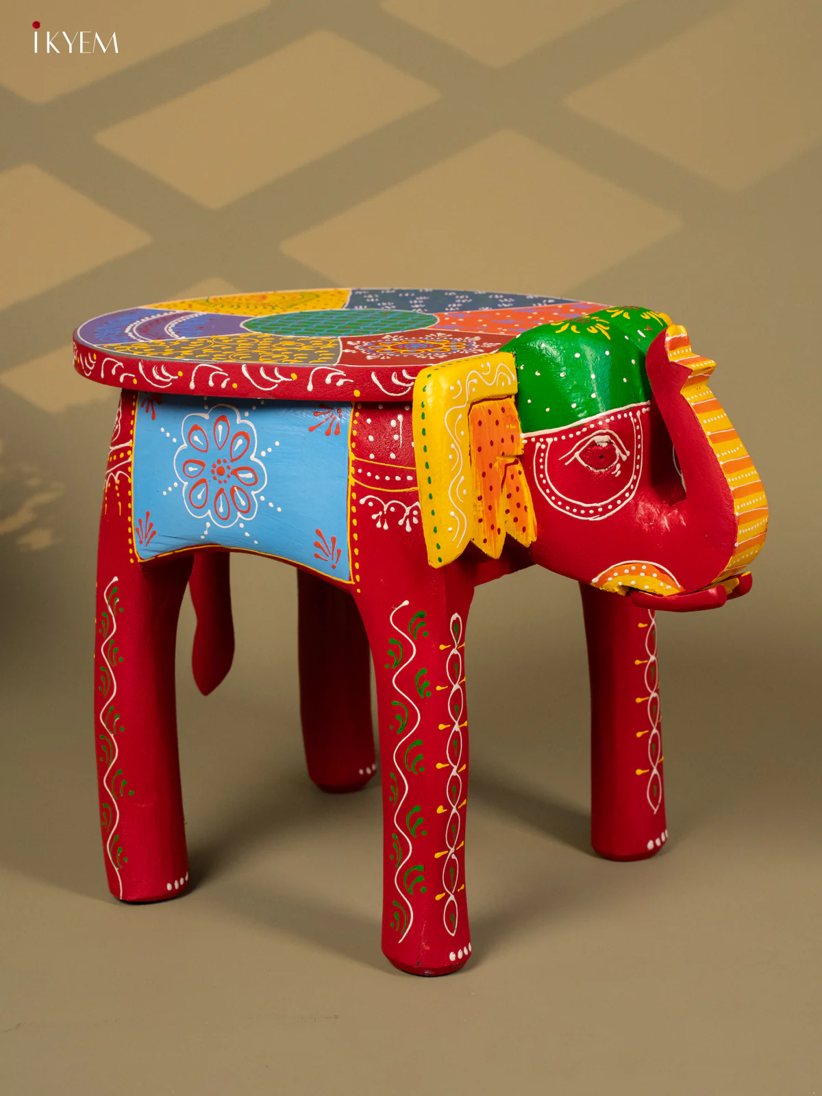 Hand Painted Elephant Stool - Red - 12 inch - KA30125 - Image 2