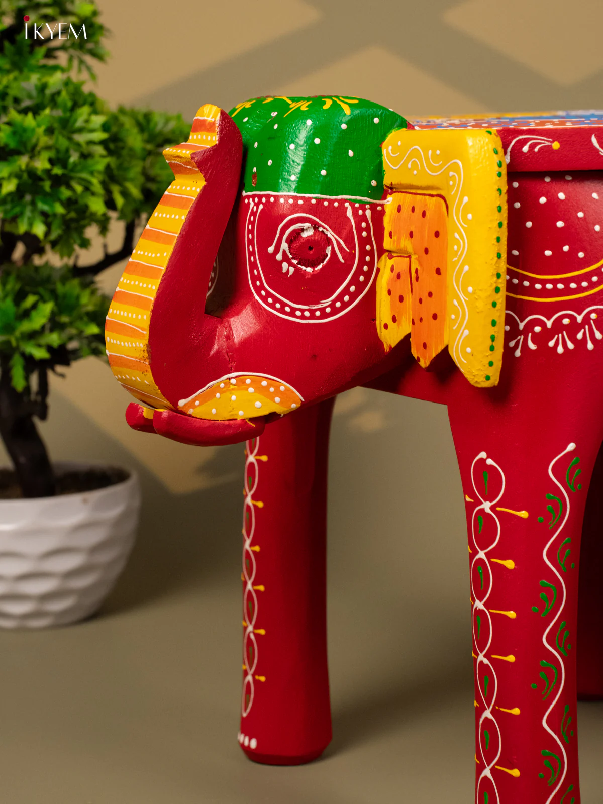 Hand Painted Elephant Stool - Red - 12 inch - KA30125 - Image 3
