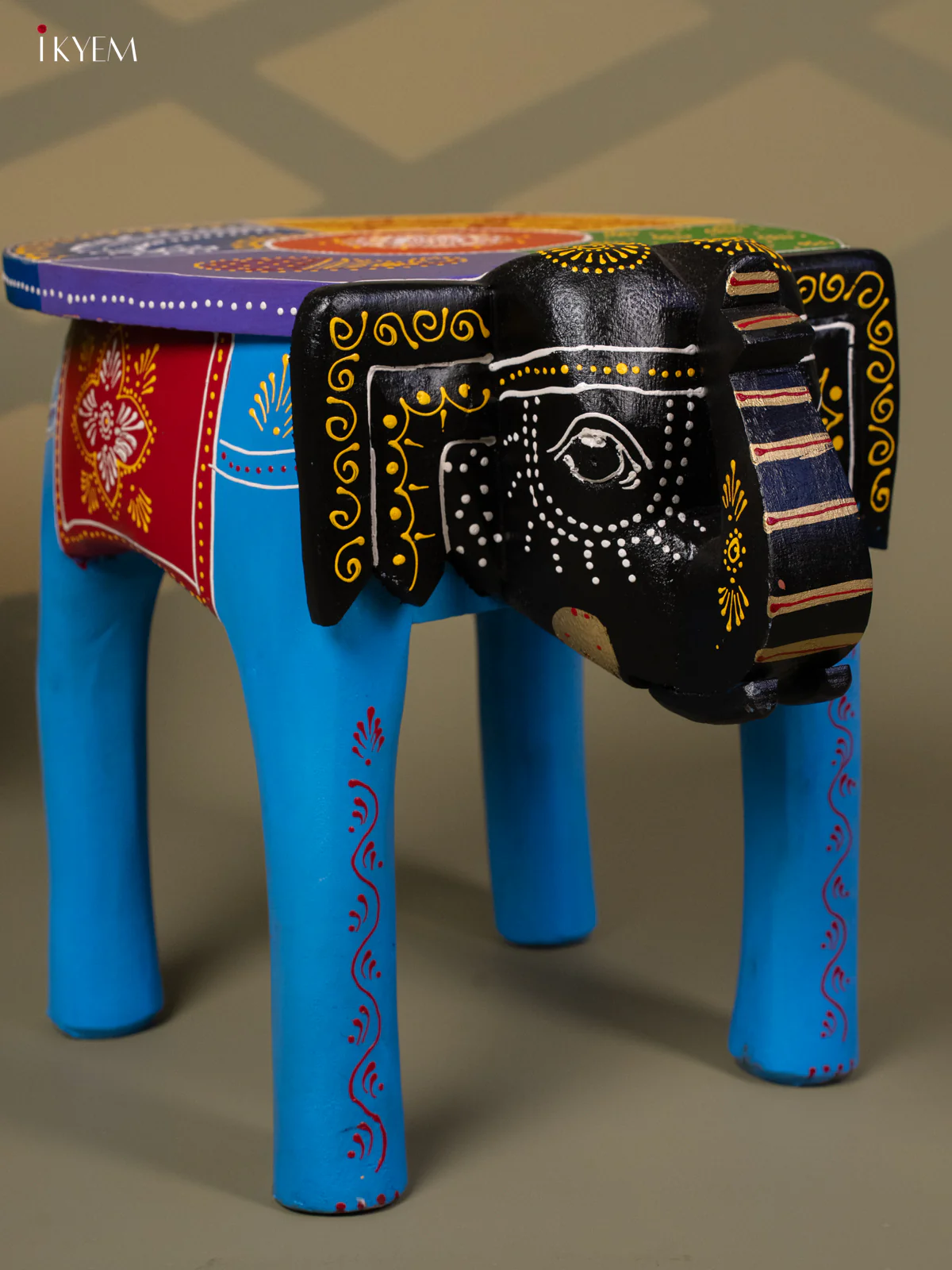 Hand Painted Elephant Stool - Blue - 12 inch - KA30126 - Image 4