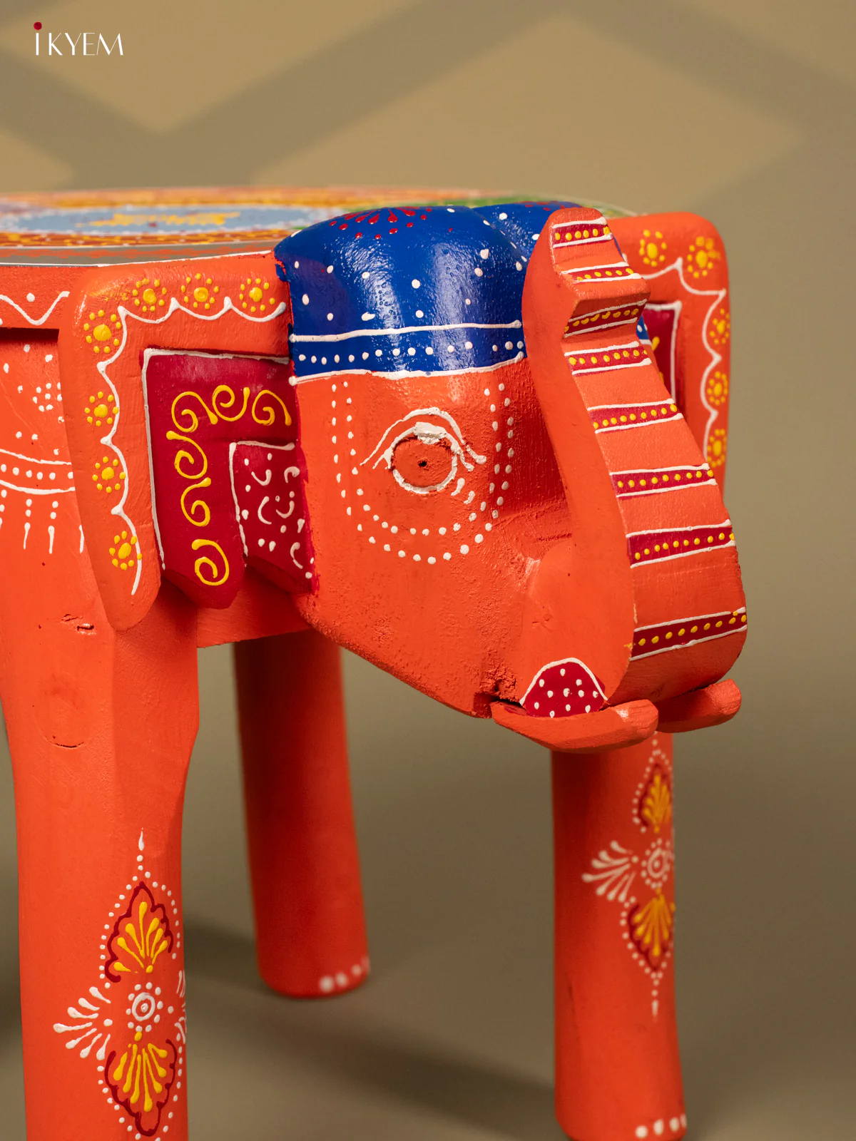 Hand Painted Elephant Stool - Orange - 12 inch - KA30127 - Image 4