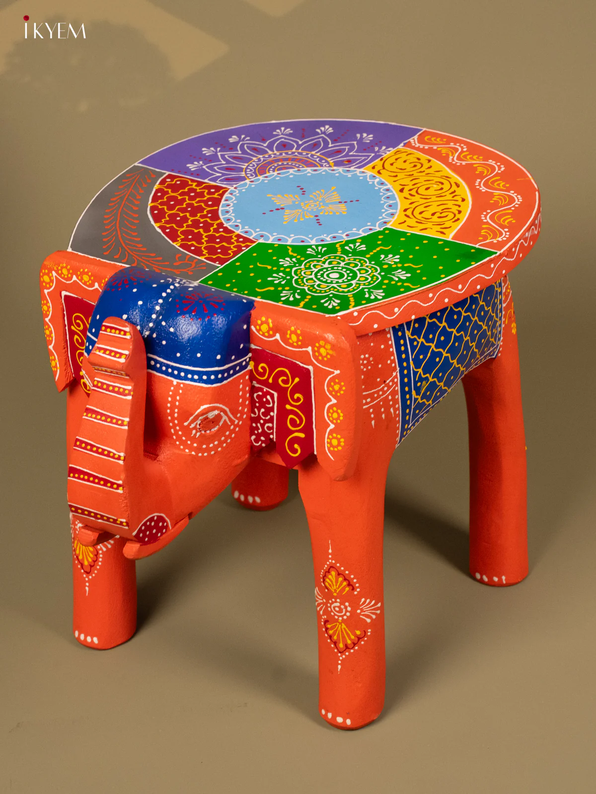 Hand Painted Elephant Stool - Orange - 12 inch - KA30127 - Image 7