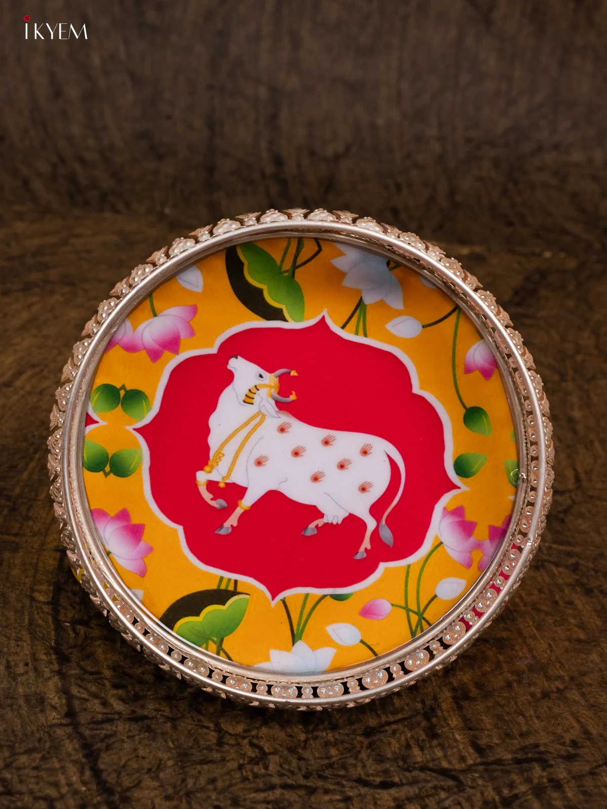 Digital Printed German Silver Tray - Pichwai - Yellow & Pink