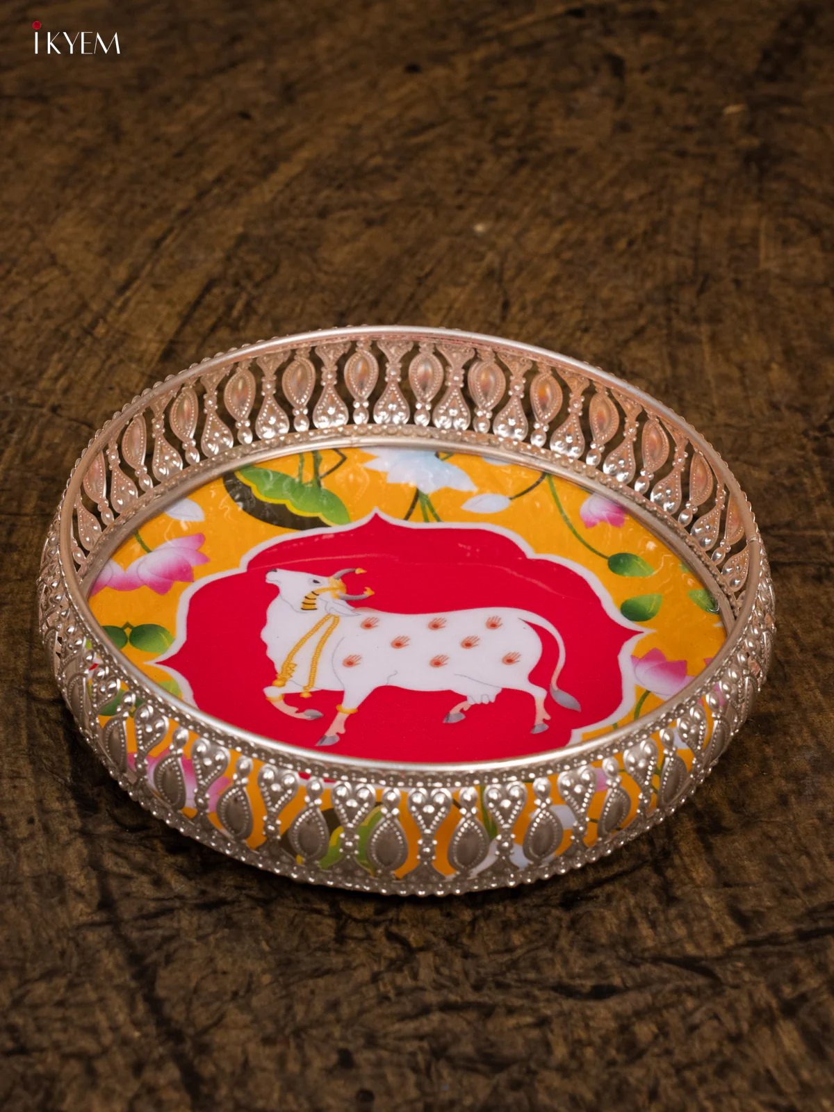 Digital Printed German Silver Tray - Pichwai - Yellow & Pink - Image 2