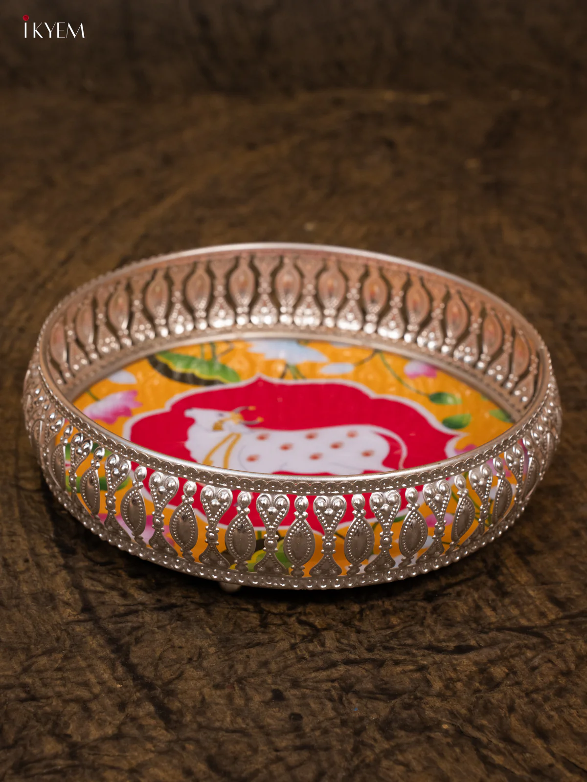 Digital Printed German Silver Tray - Pichwai - Yellow & Pink - Image 3