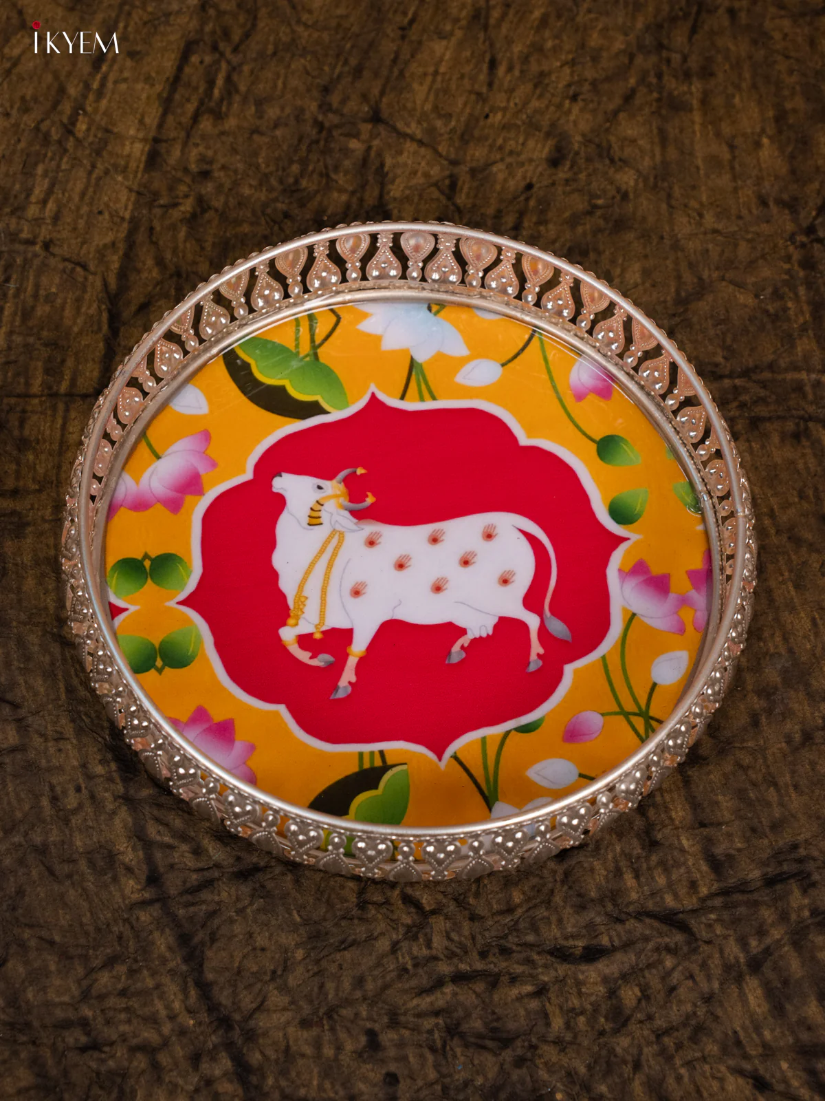 Digital Printed German Silver Tray - Pichwai - Yellow & Pink - Image 4