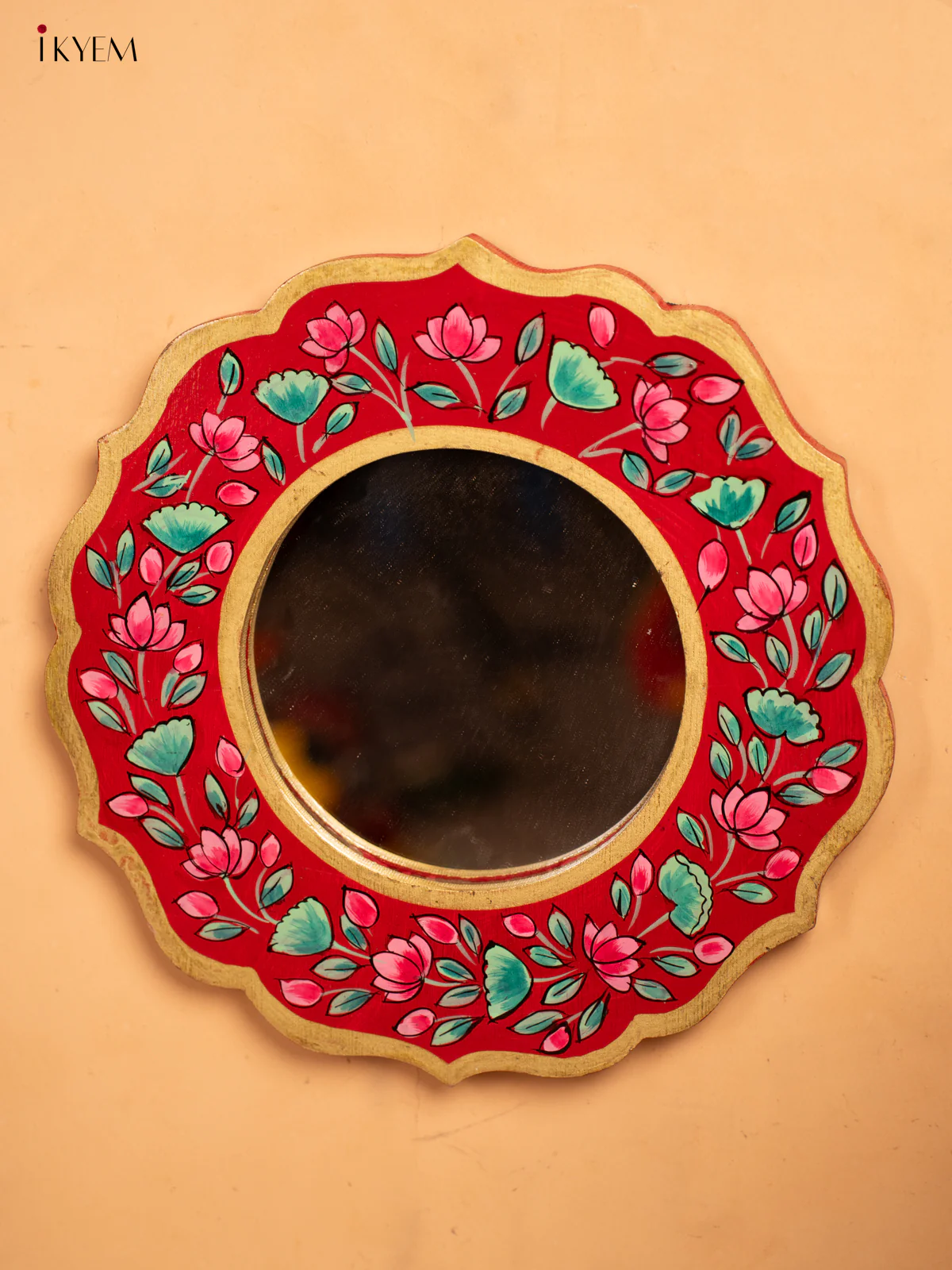 Wooden Hand Painted Round Mirror Frame - 11 inch - Red -KA30151