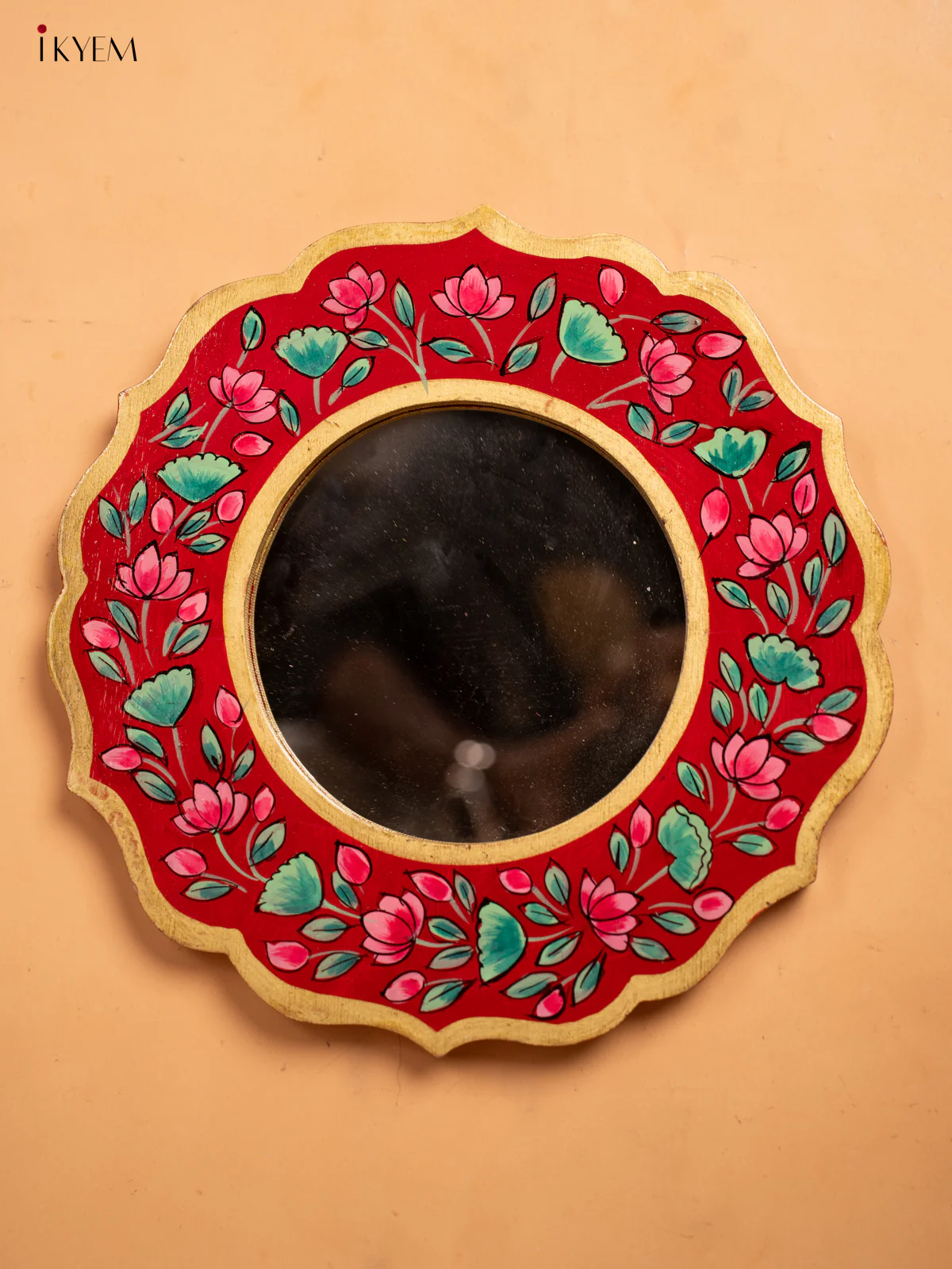 Wooden Hand Painted Round Mirror Frame - 11 inch - Red -KA30151 - Image 2