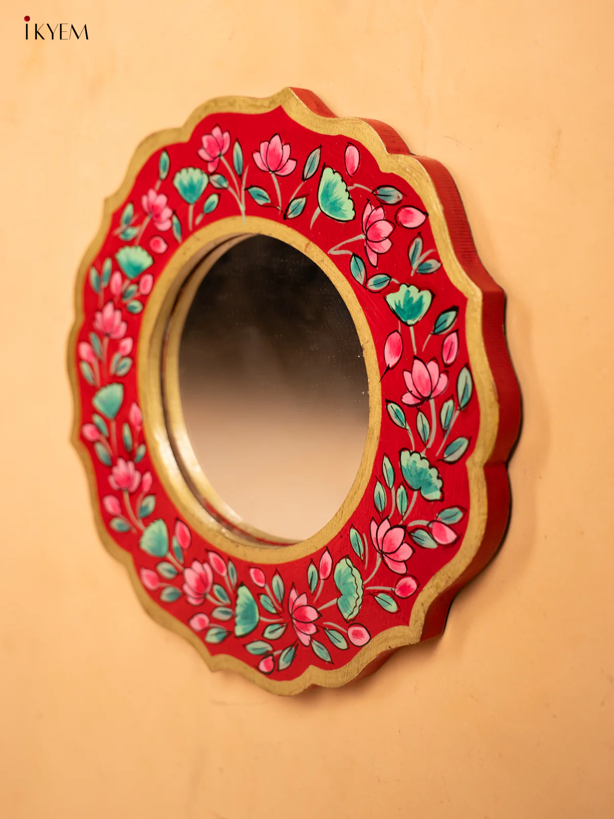 Wooden Hand Painted Round Mirror Frame - 11 inch - Red -KA30151 - Image 4