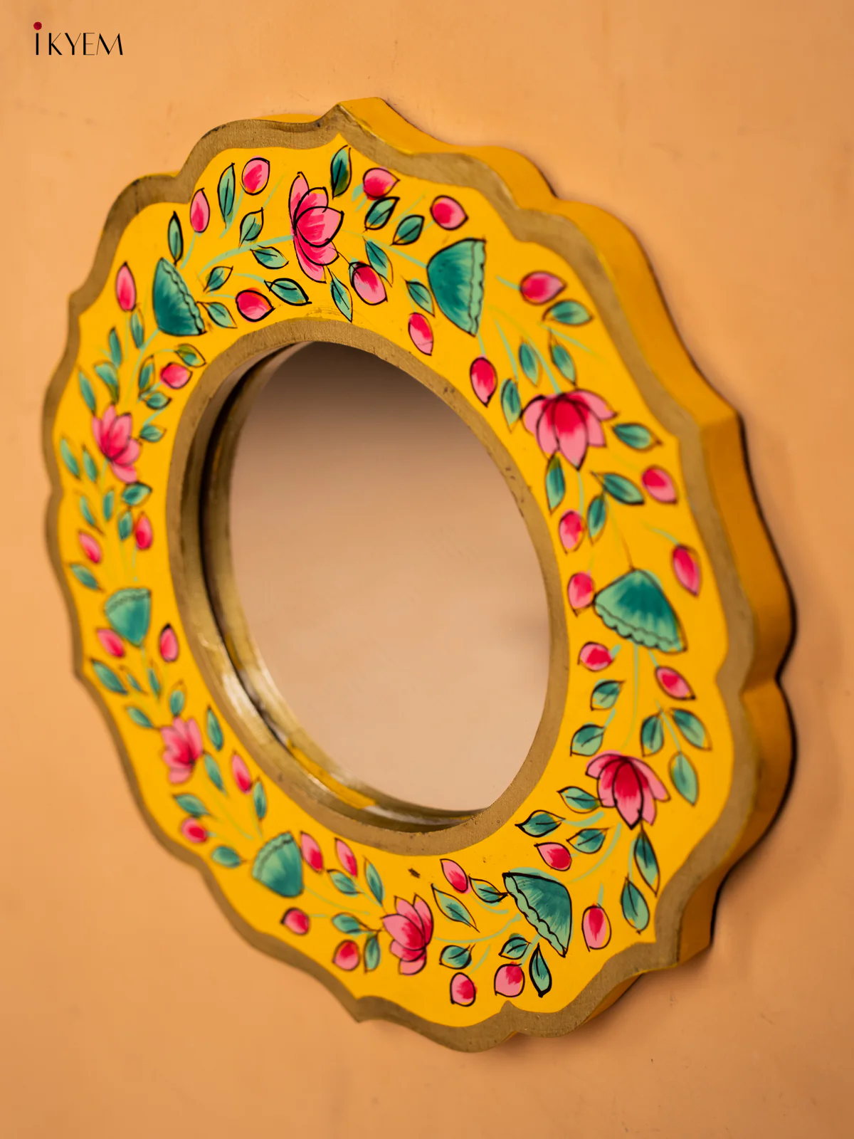 Wooden Hand Painted Round Mirror Frame - 11 inch - Yellow - KA30152 - Image 2