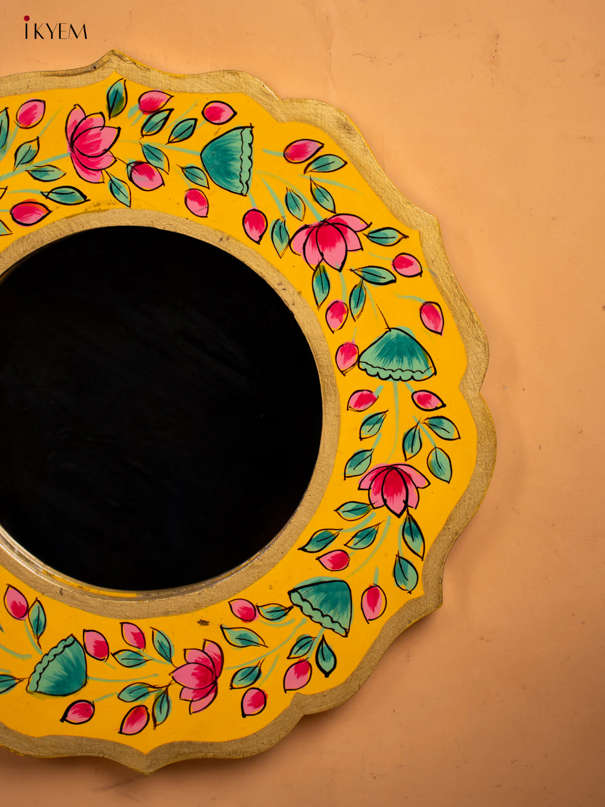 Wooden Hand Painted Round Mirror Frame - 11 inch - Yellow - KA30152 - Image 3