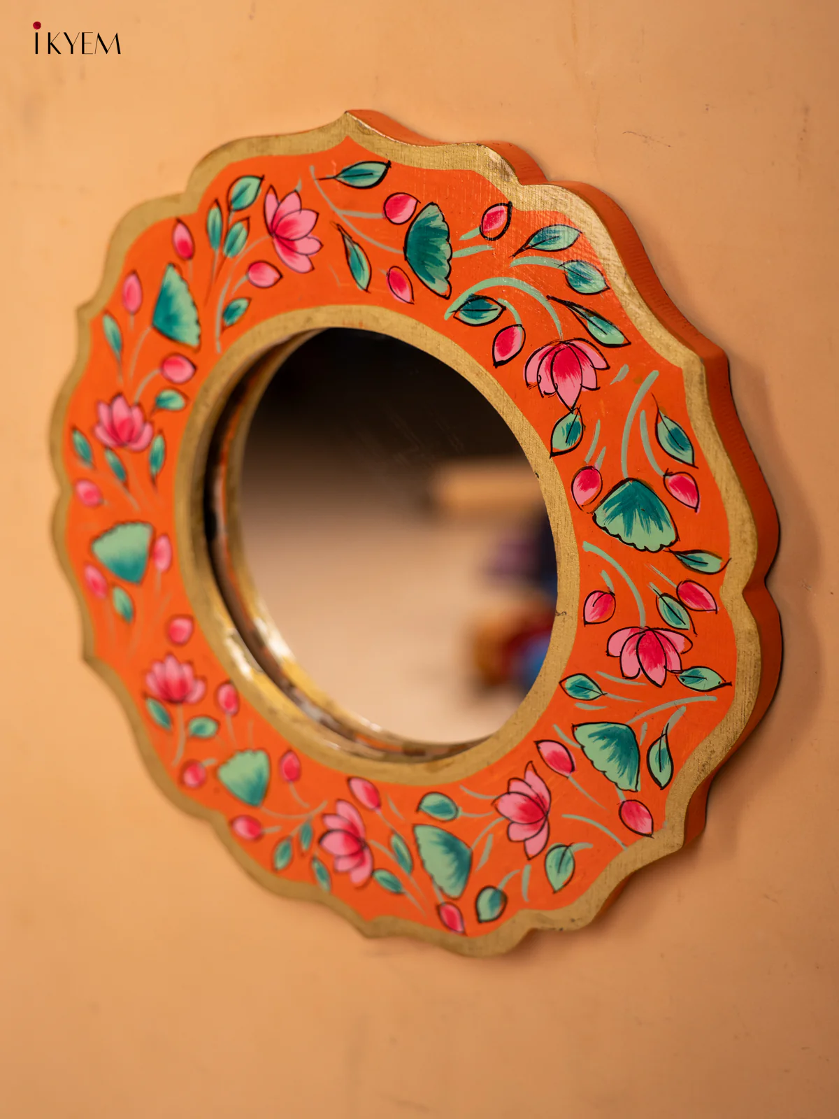 Wooden Hand Painted Round Mirror Frame - 11 inch - Orange - KA30154 - Image 2