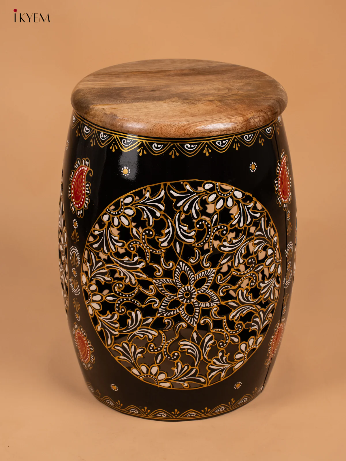 Hand-Painted Metal Stool with Wooden Seater - Black - 16.5 Inches - KB01111 - Image 2