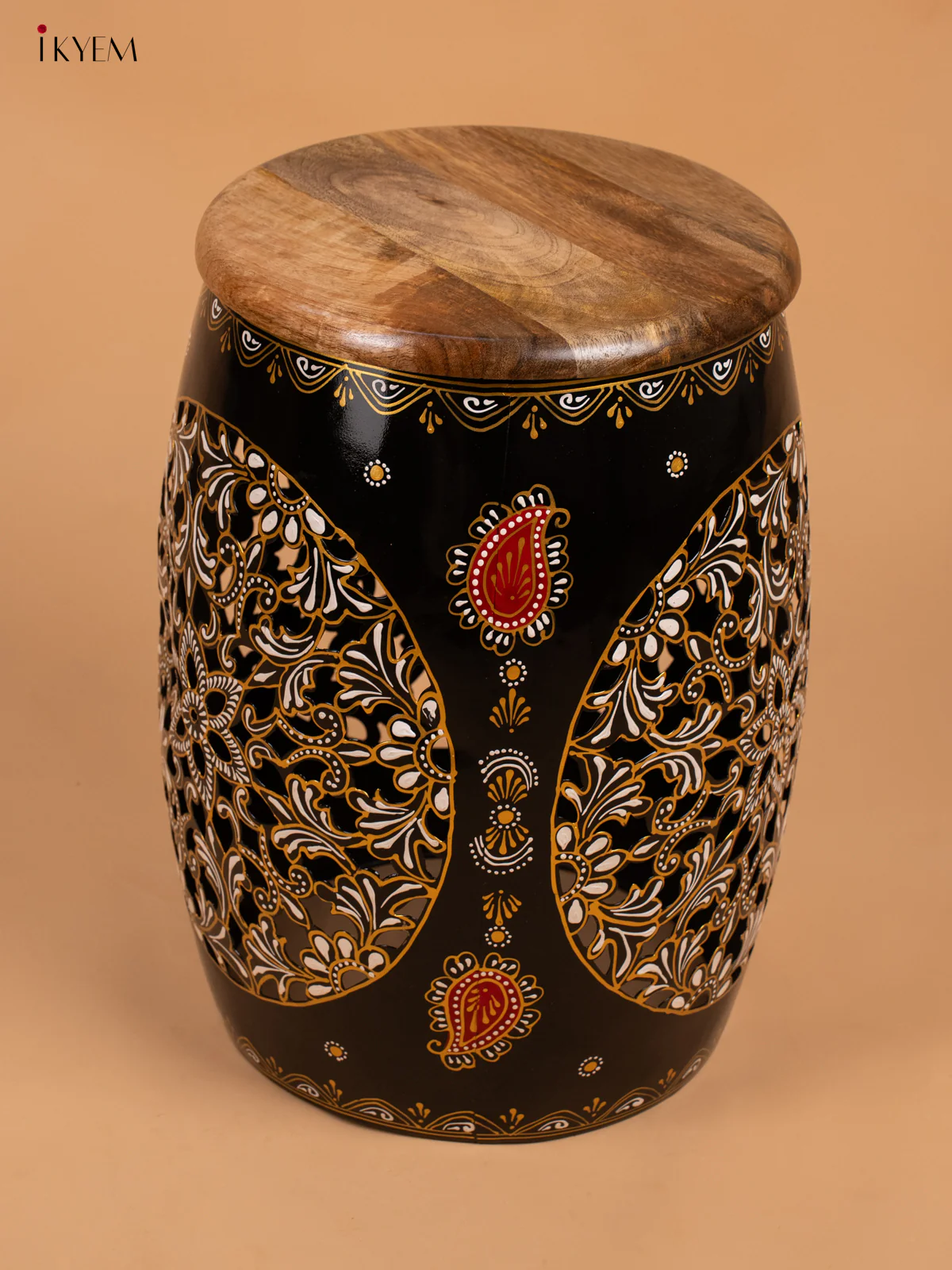 Hand-Painted Metal Stool with Wooden Seater - Black - 16.5 Inches - KB01111 - Image 5