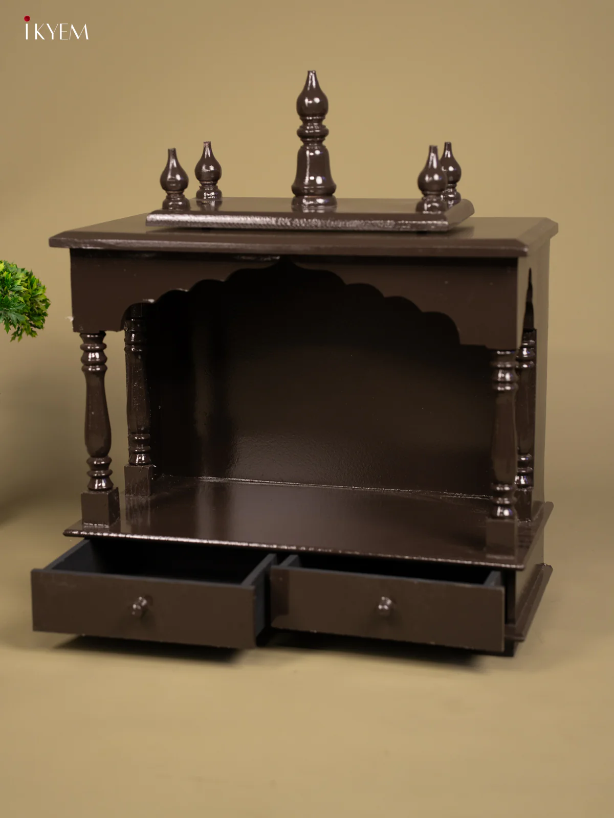 Wooden Hand Painted Mandir with 2 Drawers -22 Inch- Brown - KB04116 - Image 3