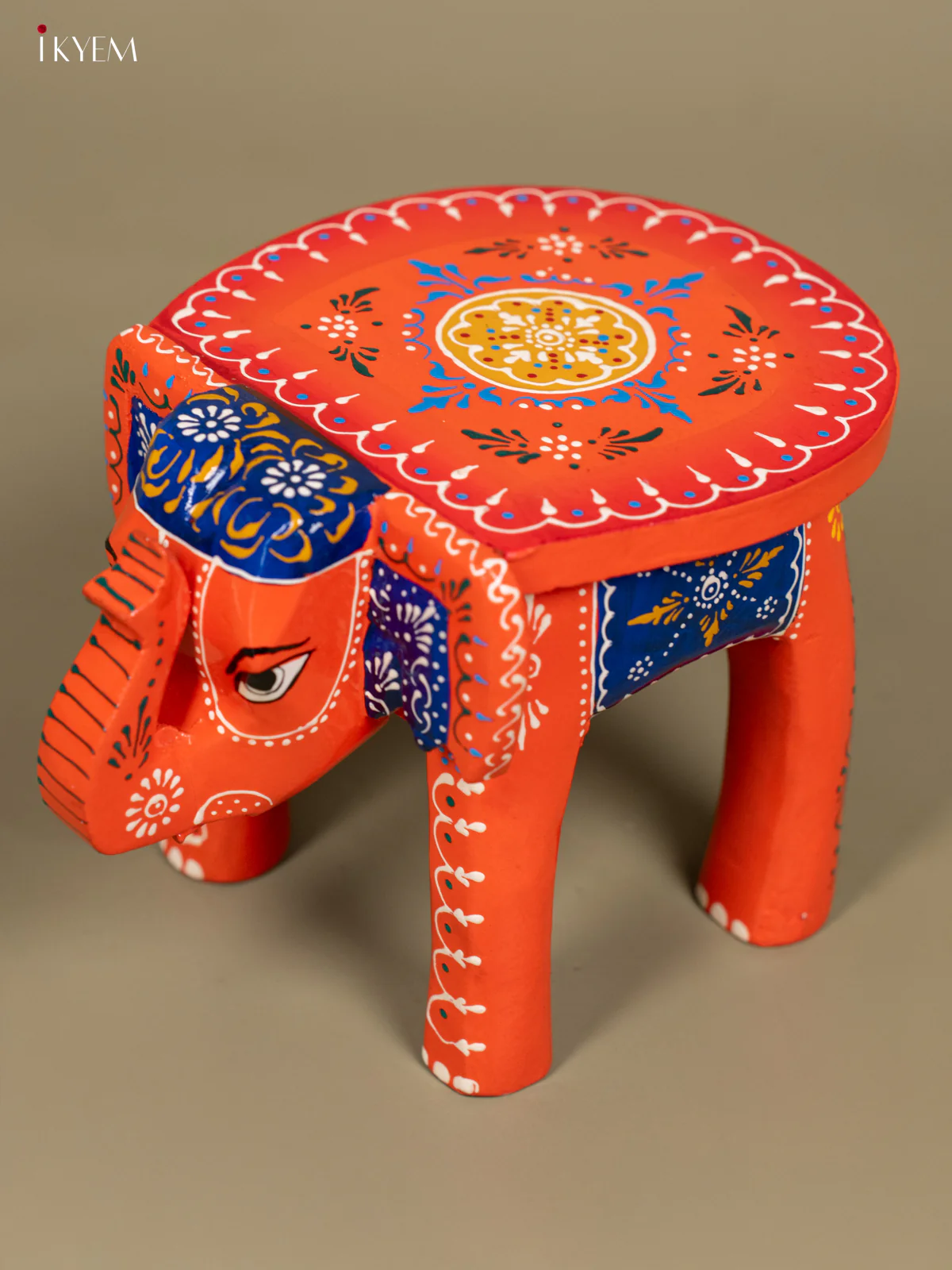 Wooden Hand Painted Elephant Stool Orange 6 Inch - KB04118 - Image 3